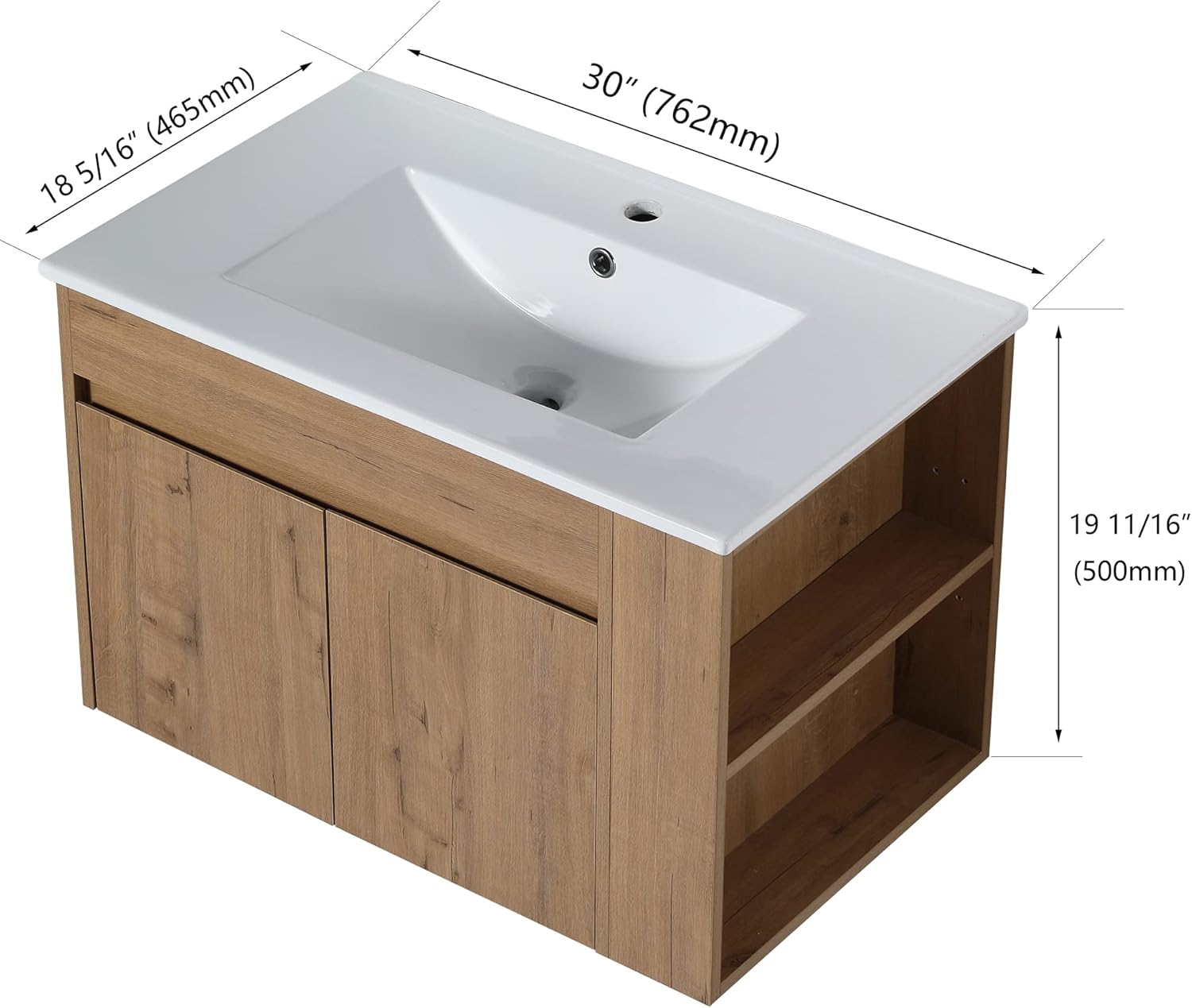 Pvillez 30 inch Modern Bathroom Vanity with Sink Combo, Wall Mounted Bathroom Vanity Set with White Glossy Ceramic Basin & Adjust Open Shelf, Imitative Oak Bathroom Vanity Cabinet for Small Space
