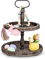 Vista 1 de Mustry Bandeja de madera rústica de 2 niveles, bandeja de servir redonda de granja para decoración de mesa de cocina, exhibición de comida, frutas