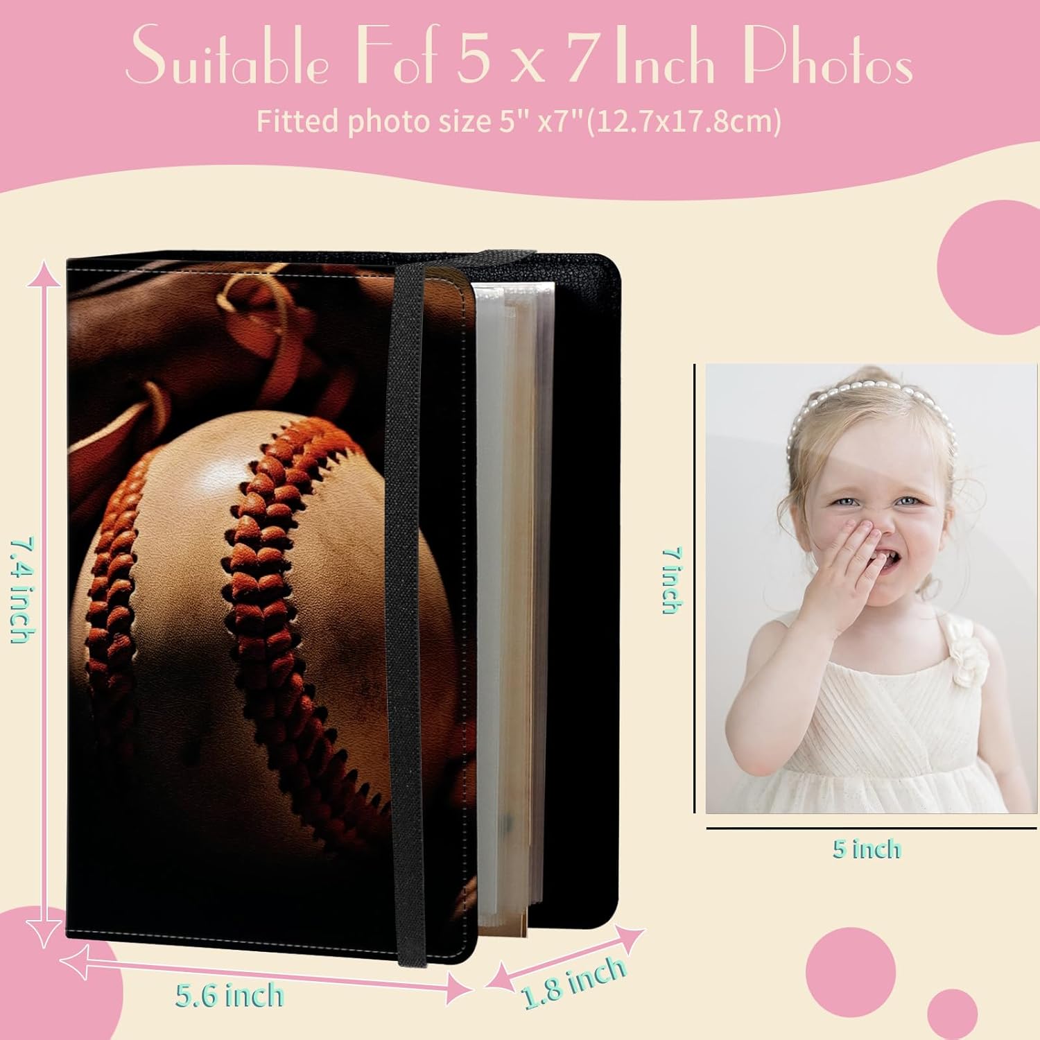 Photo Album 5x7 Photos - 60 Photos Capacity PU Leather Cover Photo Album with Strong Elastic Band, Portable Picture Album for Family Wedding Wedding Anniversary, Vintage Baseball