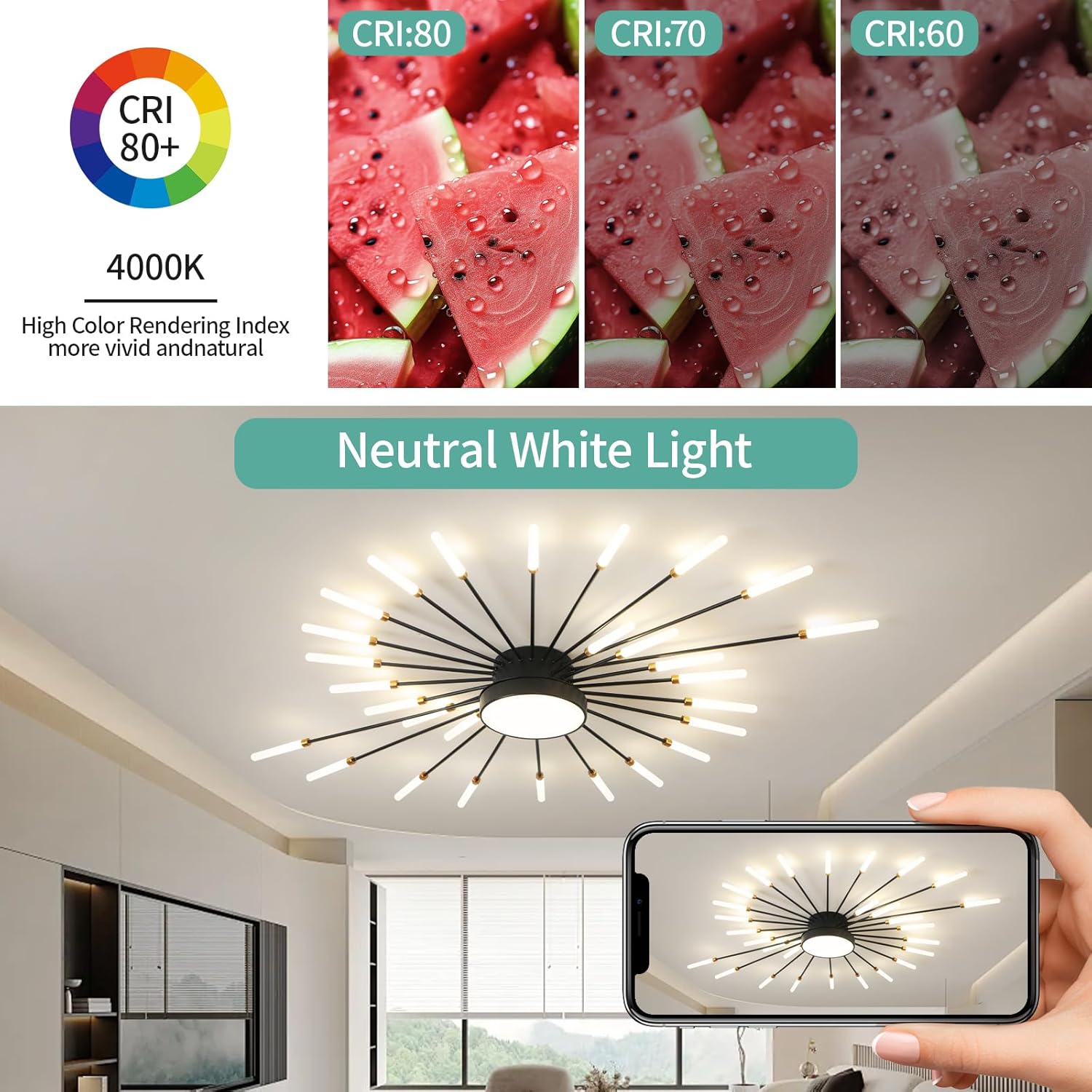 ziidoo Modern Ceiling Light, 28+1 Lights Metal Firework Designed Chic Led Lighting Fixture for Farmhouse Kitchen Dining Room Bedroom Hallway Living Room (Black)