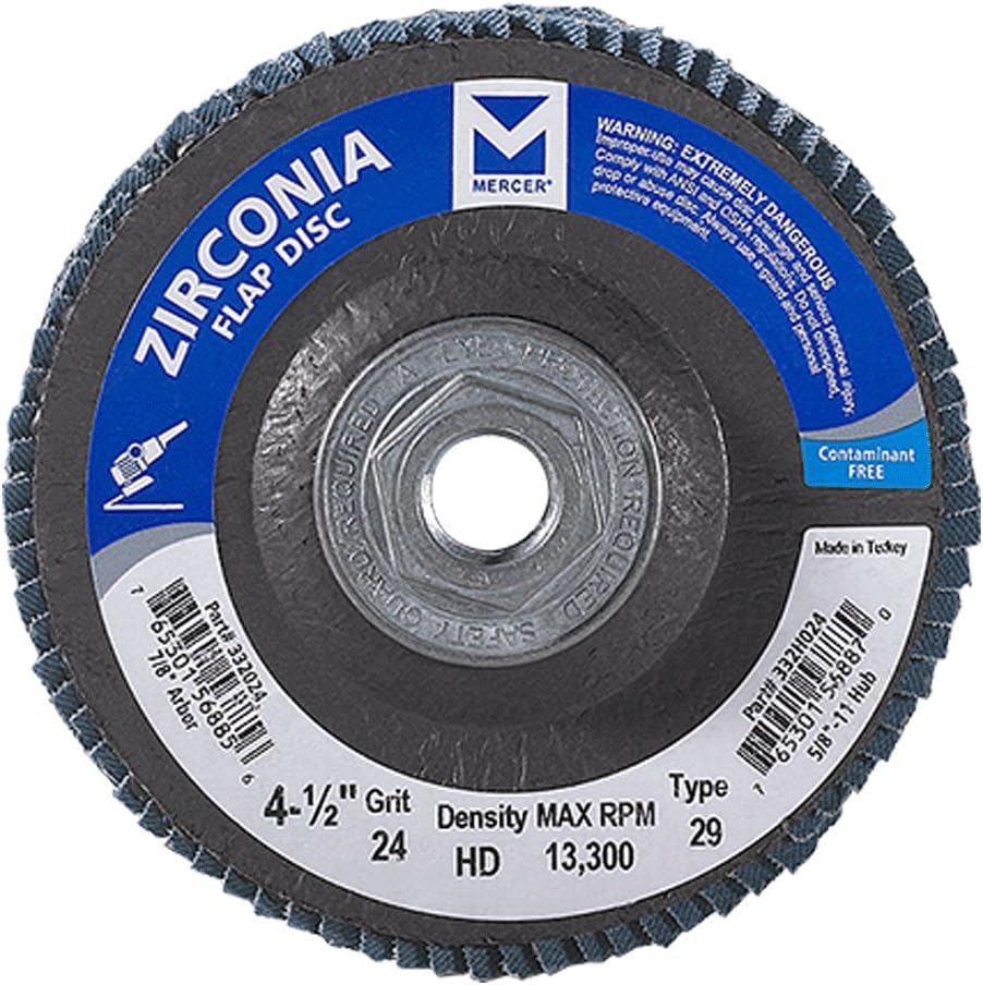 Mercer Industries 332H024 Zirconia Flap Disc, High Density, Type 29, 4-1/2 x 5/8-11, Grit 24, 10 Pack