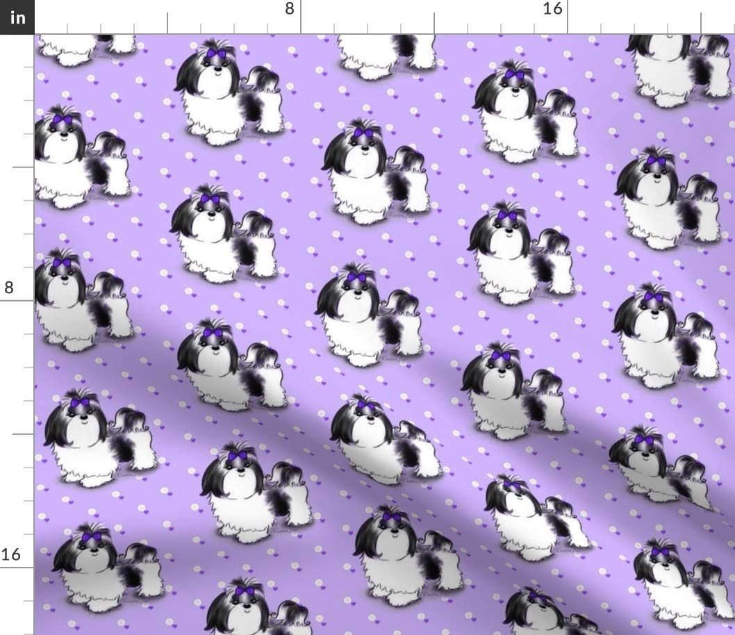 Spoonflower Fabric - Shih Tzu Black Violet Dogs Puppy Hearts Daisies Printed on Petal Signature Cotton Fabric by The Yard - Sewing Quilting Apparel Crafts Decor
