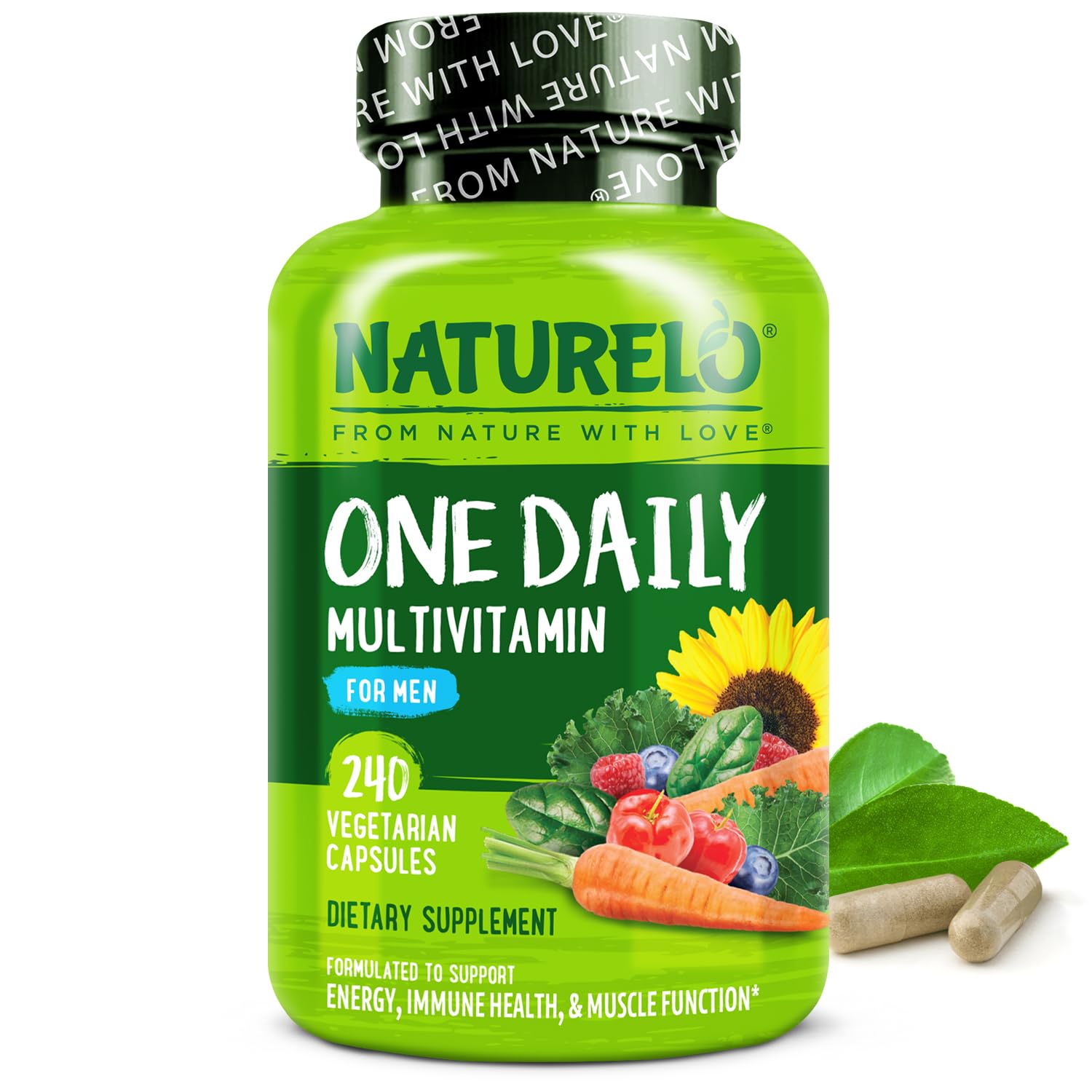NATURELO Mens Multivitamins - One Daily Multivitamin for Men with Vitamins, Minerals & Organic Whole Foods, Boost Energy & Health, Non-GMO, 240 Vegetarian Capsules