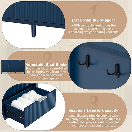 Miniatura 7 de HY_Modern Wave-Pattern Sideboard with 3 Drawers & 2 Doors - Storage Buffet Cabinet with Adjustable Hooks & Extra Center Leg for Living Room,