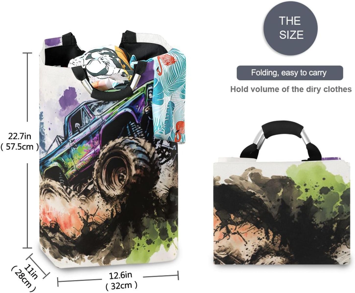 AIXIWAWA Laundry Basket Hamper Awesome Monster Truck Print Collapsible Clothes Holder Dorm Home Laundry Bag with Handles 1 Pack