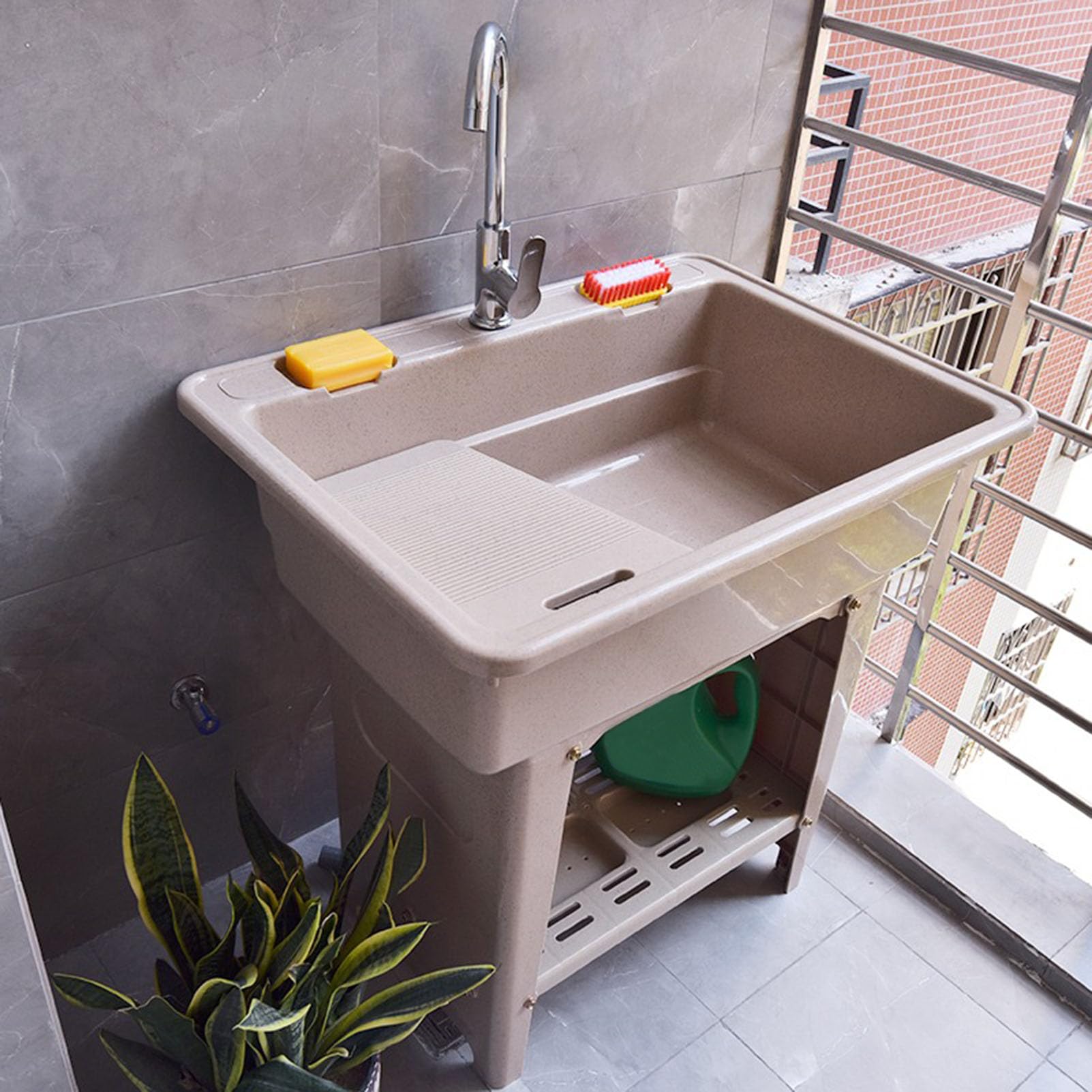 Heavy Duty Freestanding Laundry Sink z Washboard, 31,5-calowy umywalka użytkowa, gorący zimny zestaw do kranu i odpływu do garażu, balkon, czyszczenie błotniste