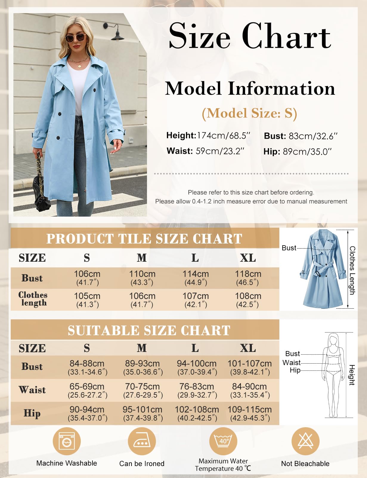 Tuopuda Trench Donna Primaverile Autunnale, Cappotto Doppiopetto Lungo Classico Antivento, Giacca a Maniche Lunghe Trenchcoat Cappotti Mantello Windbreaker Giacche con Tasche