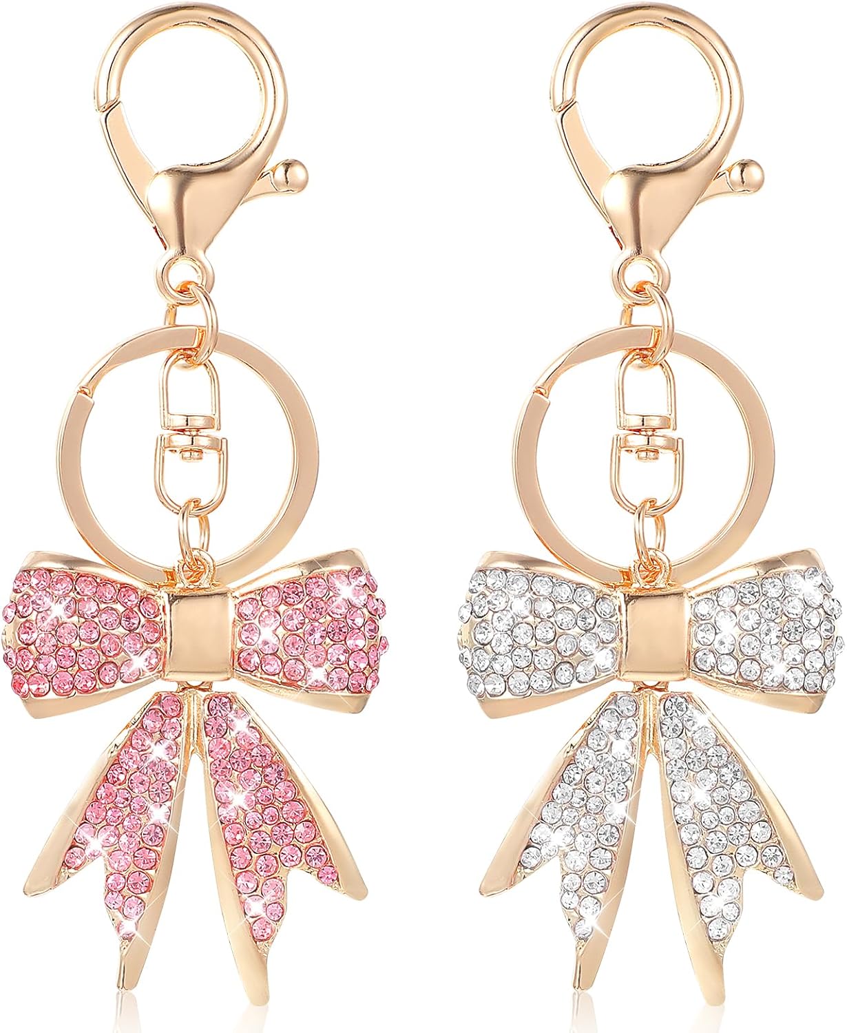 2 PCS Bow Keychain with Rhinestone, Gold Pink Bow Bag Charm for Women, Sparkly Bows Purse Charm for Key Purse Bags Handbags Accessories