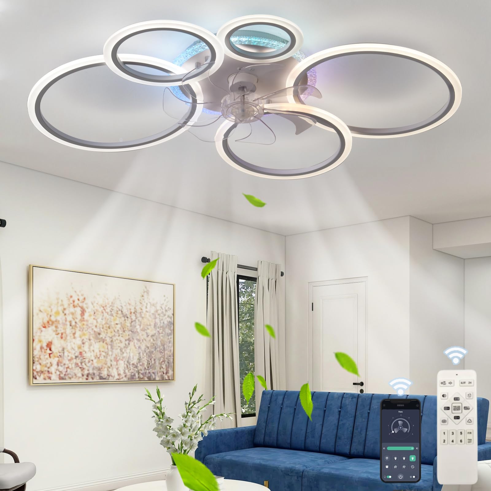 HXYSXHJUO 95CM Intelligent RGB Ceiling Fans Light with Lights and Remote Control/APP, Dimmable Lamps, Silent Reversible DC Motor, for Bedroom Living Room, Modern Fan