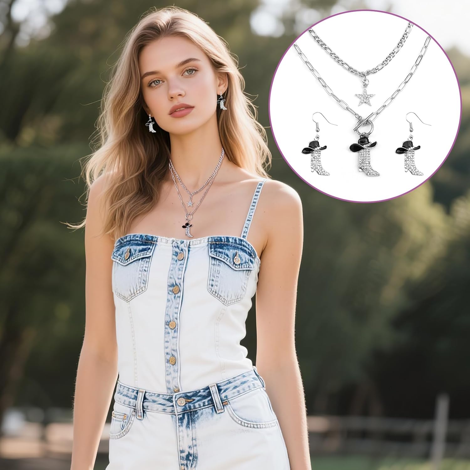 3Pcs Cowgirl Necklace Earrings Western Jewelry Set for Women, Silver Cowgirl Boot Earrings, Sparkly Rhinestone Cowboy Enamel Hat Boot Star Choker Pendant Stackable Necklace - Image 5