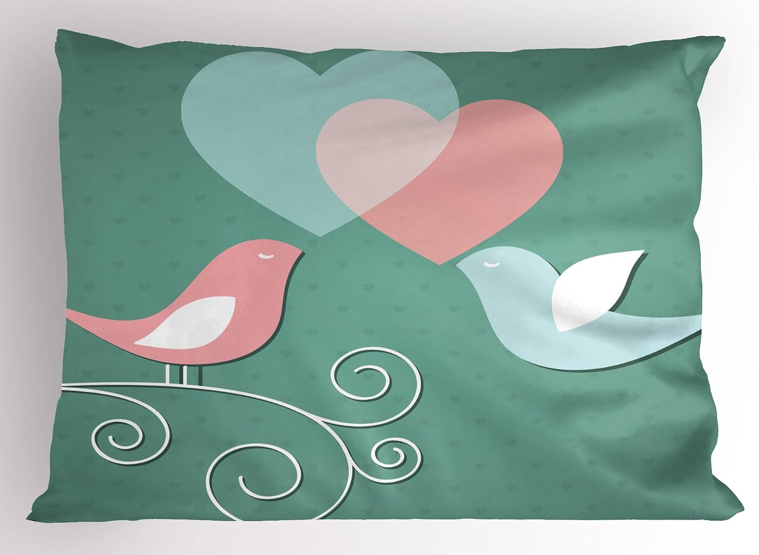 Lunarable Valentines Day Pillow Sham Set of 2, Birds with Heart Kissing Each Other Love Romance Theme Art, Quality Microfiber Bedding Item for All Seasons, 36" x 20", Green Pink and White