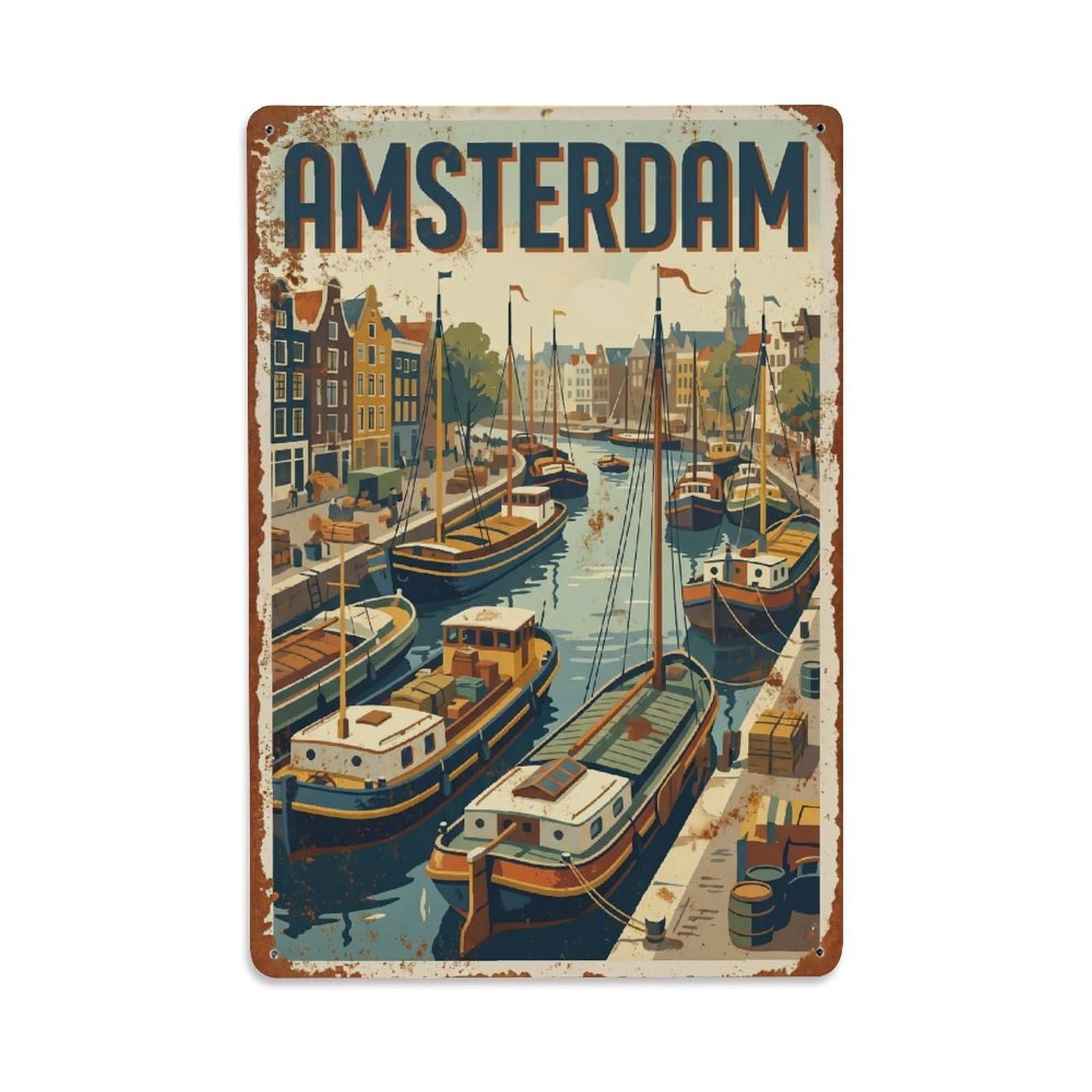 Okngb Style Canal Moorage Waterfront Amsterdam Retro Travel Quay Metal Tin Sign Plaque Wall Decor For Cafe, Man Cave, Club Bar, Office, Home Garden Round Metal Poster 8X12inch