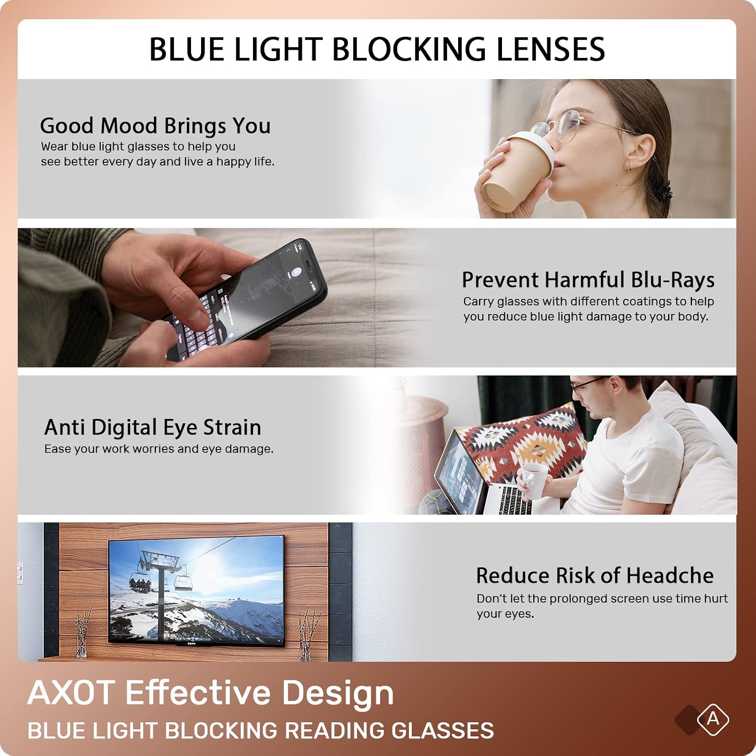 Axot Reading Glasses Blue Light Blocking - Computer Readers for Men Women, Fashion Square Anti UV/Eye Strain/Glare Eyeglasses 6 Pack, 3.5×