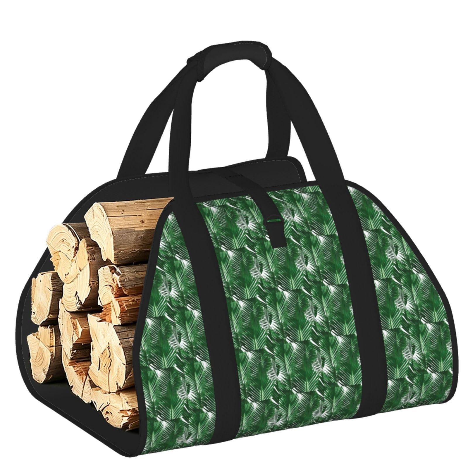 Ayyqwe Black Green Palm Leaf Print Firewood Bag Wood Waterproof Versatile Camping Picnic Storage Daily Home
