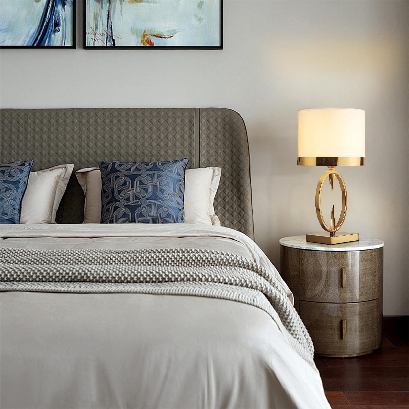 Lampada Da Tavolo Oro, Lampade Da Comodino Di Luce Moderna Per Il Soggiorno,Camera Da Letto Lampada Da Tavolo In Tessuto Bianco Base In Metallo E27 Lampada Da Letto, 49 X 25 Cm