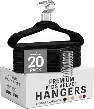 Utopia Home Kids Velvet Hanger 20 Pack 11" Premium Baby Hangers - Black | Premium Non-Slip Baby Hangers for Baby and Toddlers, Durable Ultra-Slim Space-Saving Closet Organizers