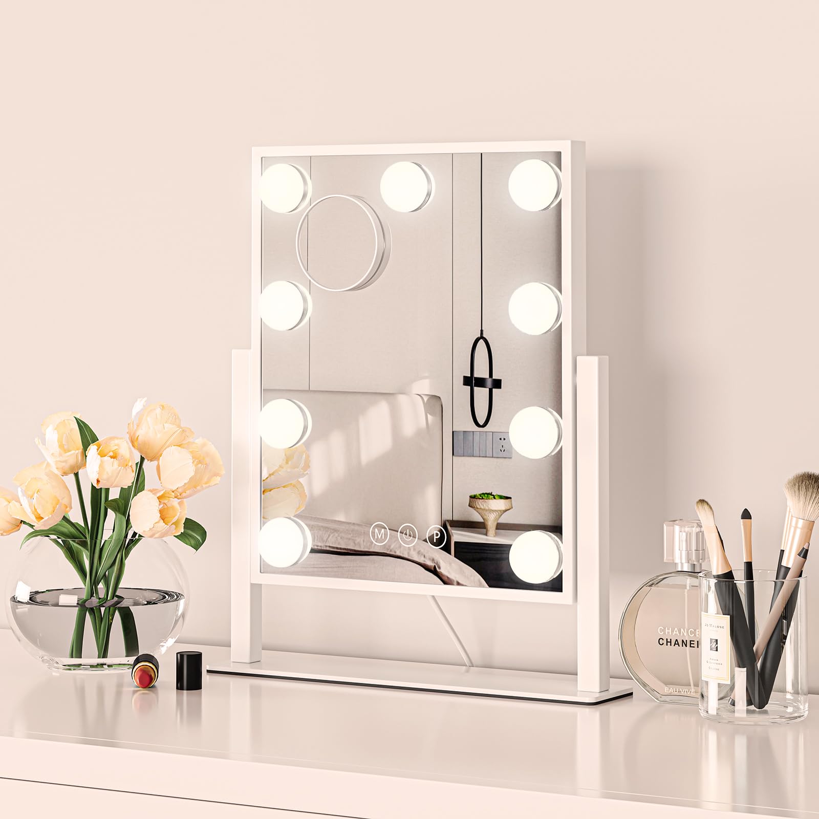 Dripex Espejo Maquillaje con Luz Mesa, 30x25 cm, 360 Grados Giratorio, Dimmable, 9 Bombillas LED, 3 Colores de Luz, con Espejo de Aumento 10X