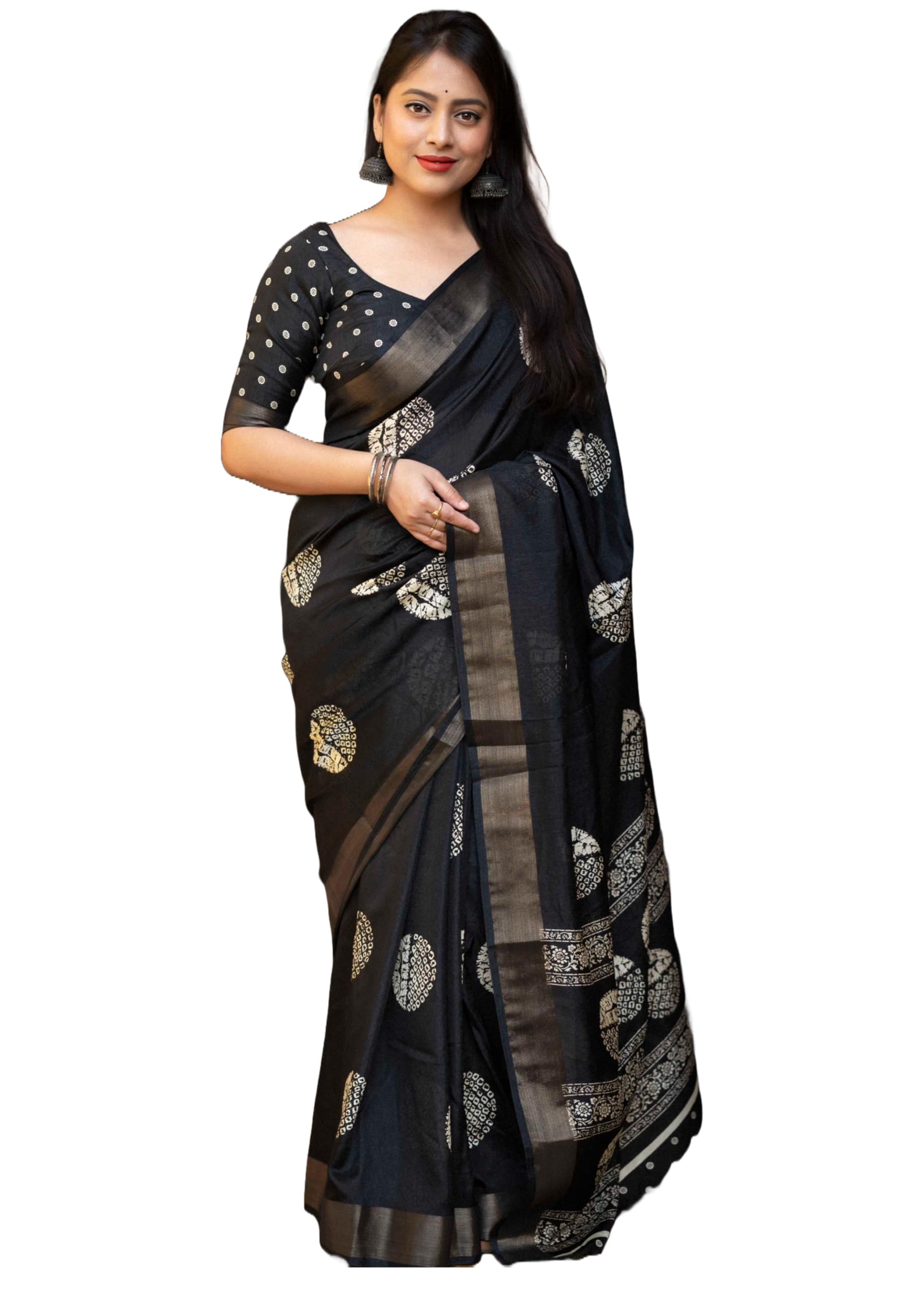 Pandadi Saree Women's Cotton Crepe Batik Print Saree With Blouse Piece.