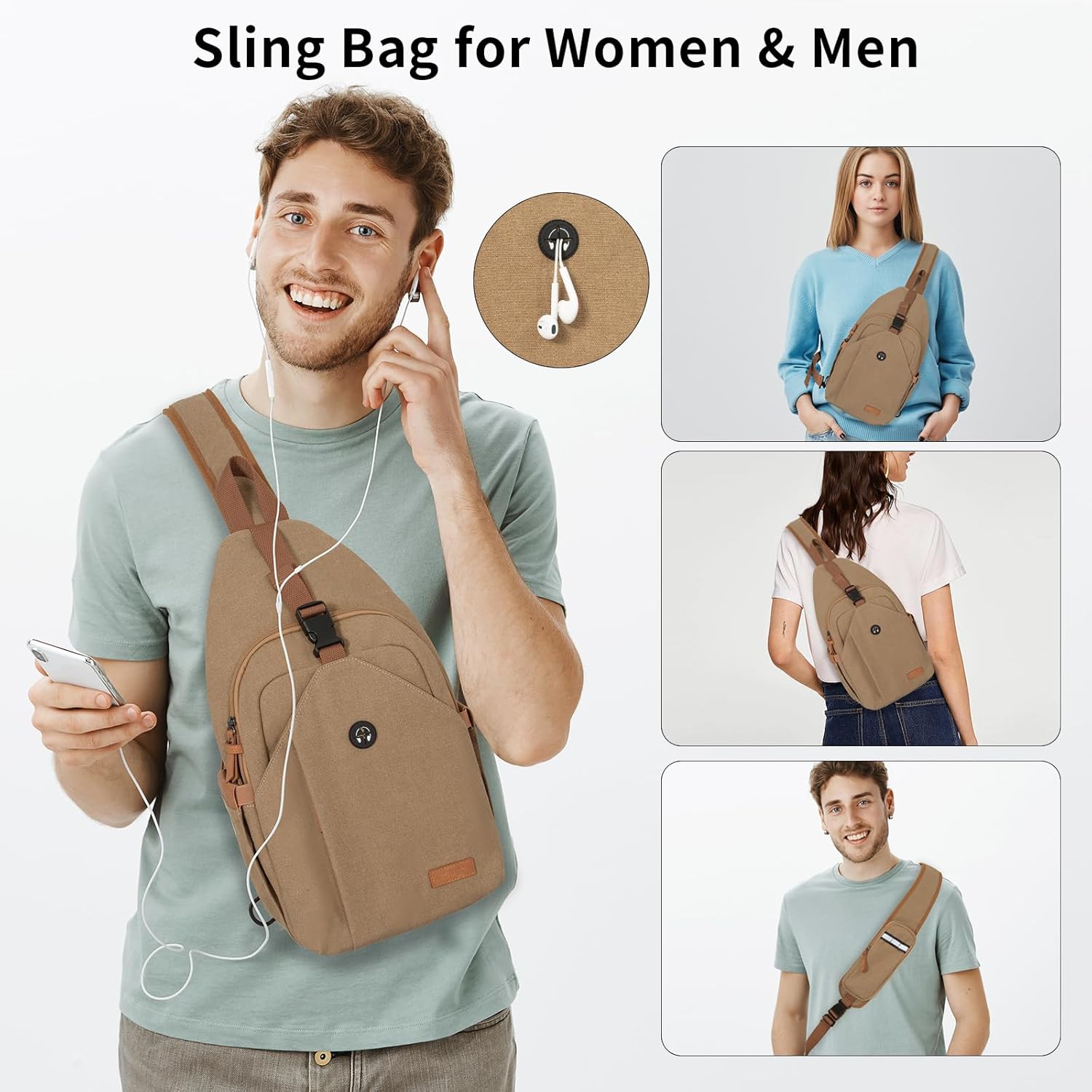 OSOCE Sling Bag for Men, Anti Theft Crossbody with Tunnel Lock, Waterproof Canvas Shoulder Backpack for Travel Hiking Daily