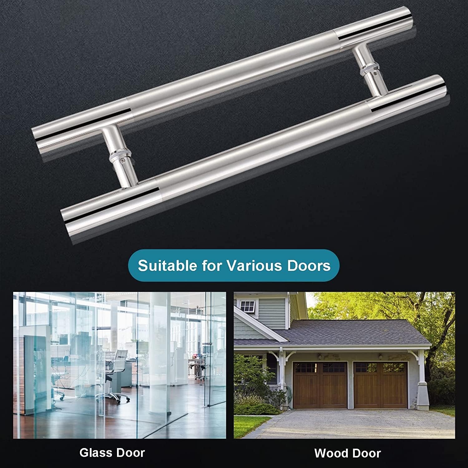 Pull Push Shower Kitchen Door Pulls Silver Entry Push Pull Door Handle Shower Glass Sliding Barn Door Handle for Interior Exterior Gate, Double Sided Round Bars (60 Cm/24 in)