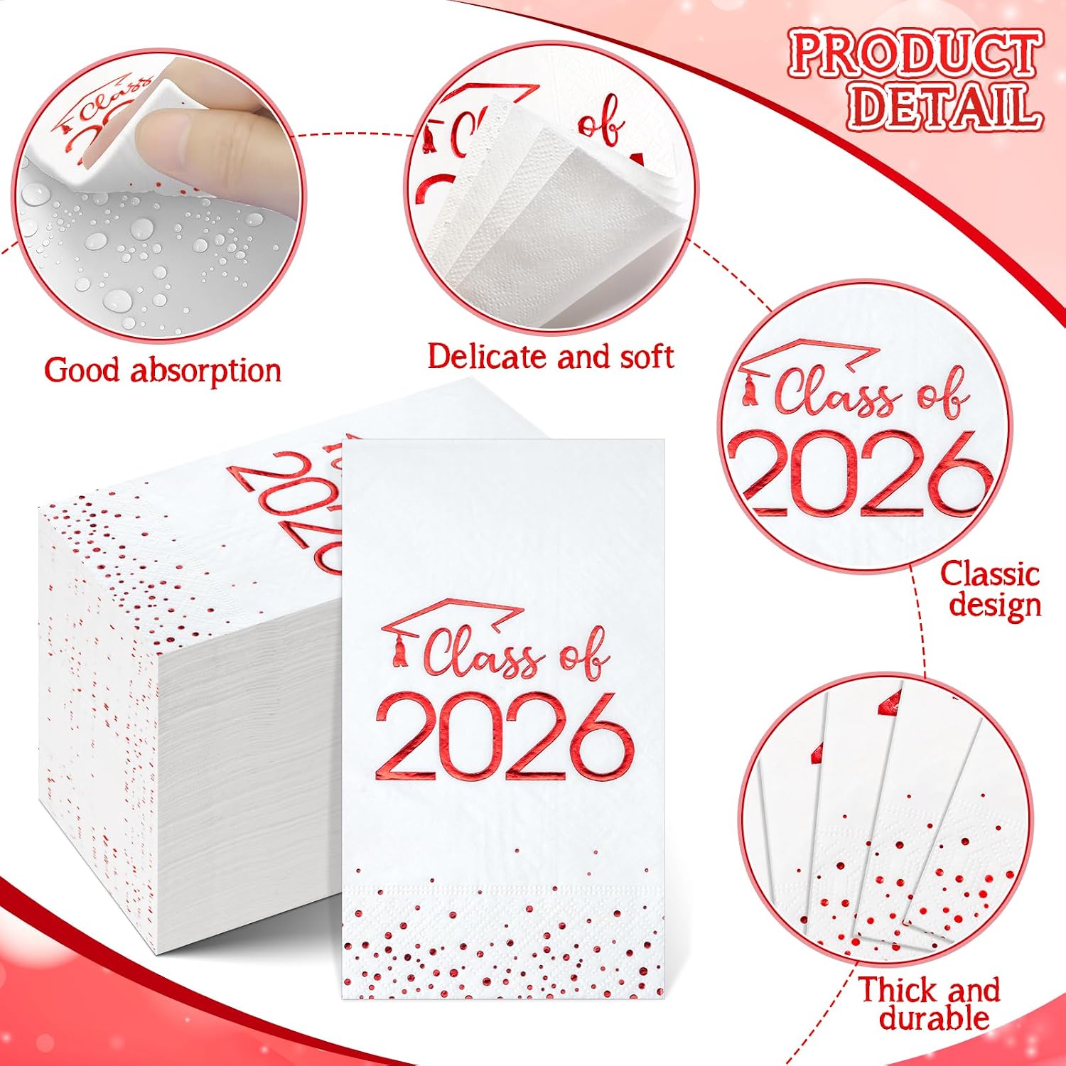 100pcs Class of 2026 Graduation Napkins, Disposable Congrats Grad Cocktail Napkins Foil Dot Paper Hand Towels for 2026 High School University College Graduation Party Decorations (Red)