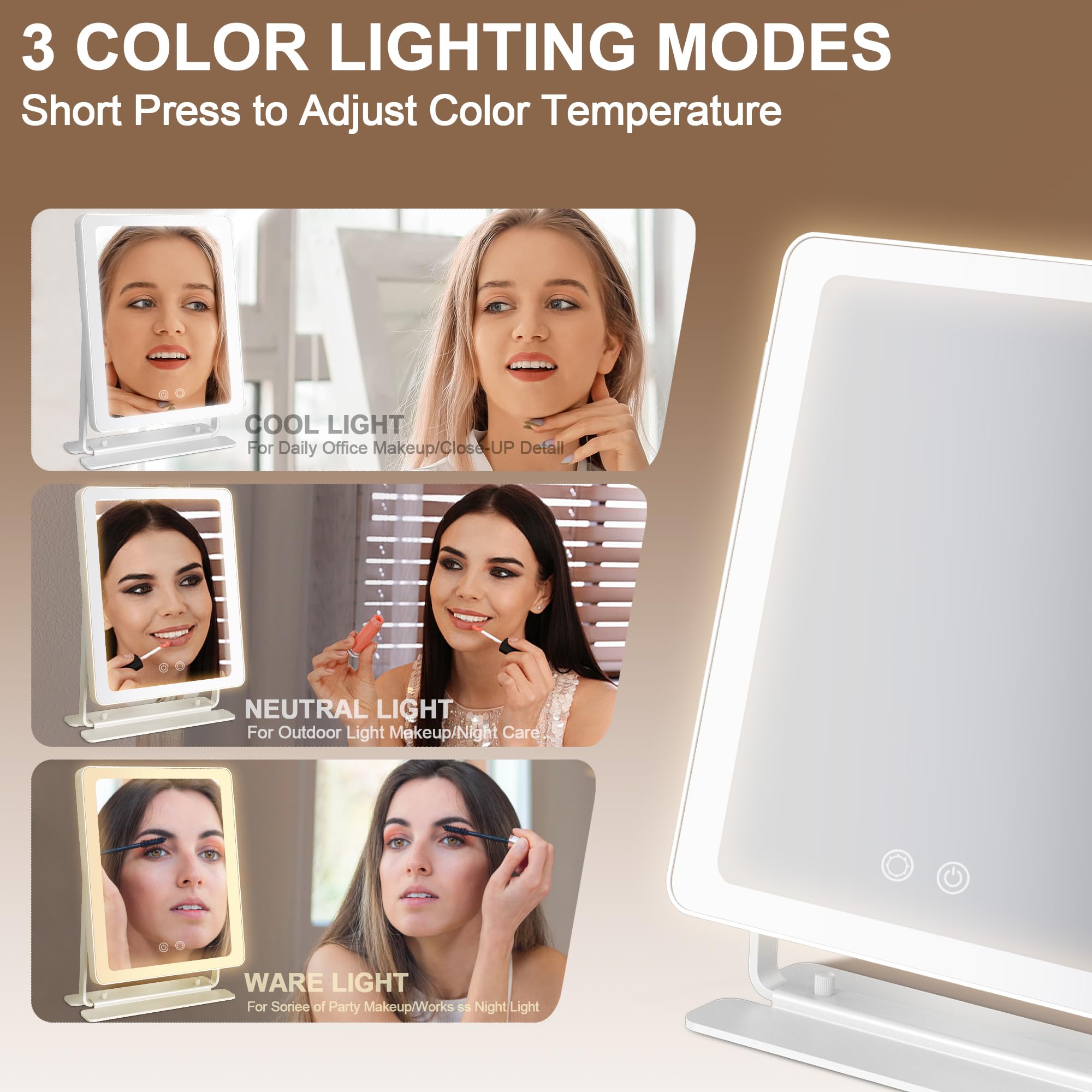 Schminkspiegel mit Beleuchtung 25x30cm, Schminkspiegel mit Licht LED Hollywood Spiegel, Kosmetikspiegel mit Beleuchtung, 3 Farbe, Touch Control