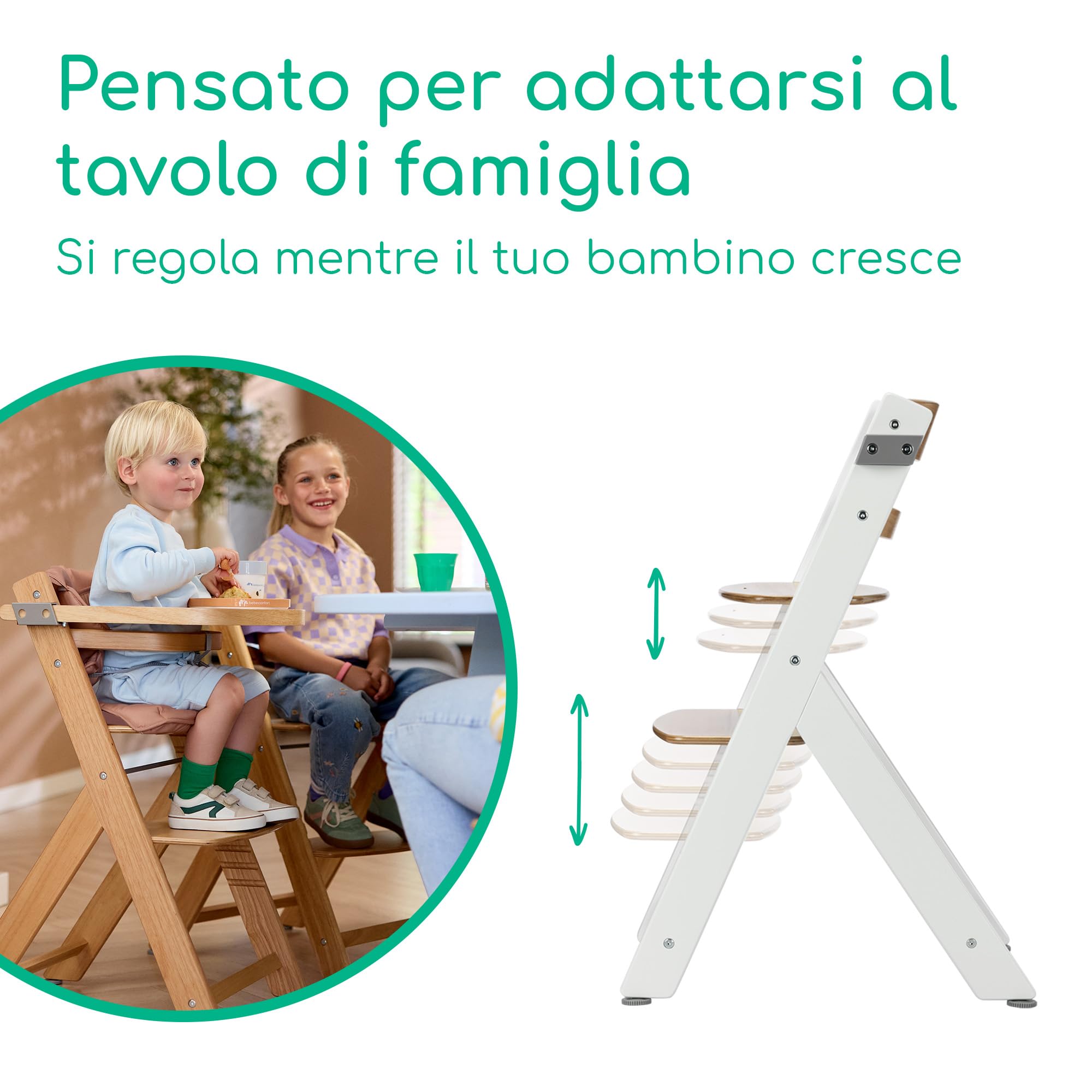 Bebeconfort Timba 2 con Cuscino, Seggiolone Pappa Evolutivo in Legno, 6+ Mesi, Fino a 110 kg, Sedia Evolutiva Ergonomica, Regolabile in Altezza, Vassoio Amovibile, Natural Wood + Cuscino