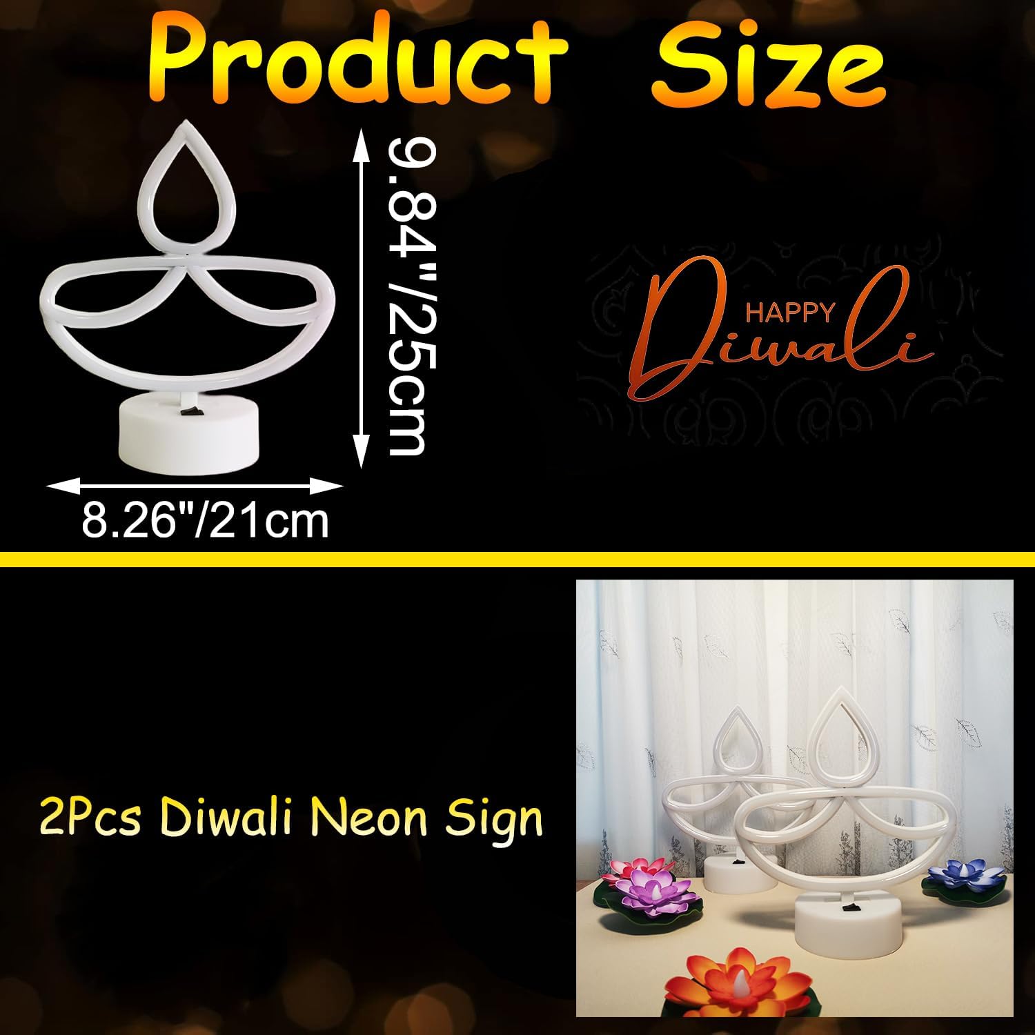 2Pcs Diwali Neon Sign with Holder Base, Oil Lamp Diya Shape LED Neon Signs Desktop Decoration, USB or 3-AA Battery Powered, Diwali Decorations for Home Room Bedroom Indian Temples Decor