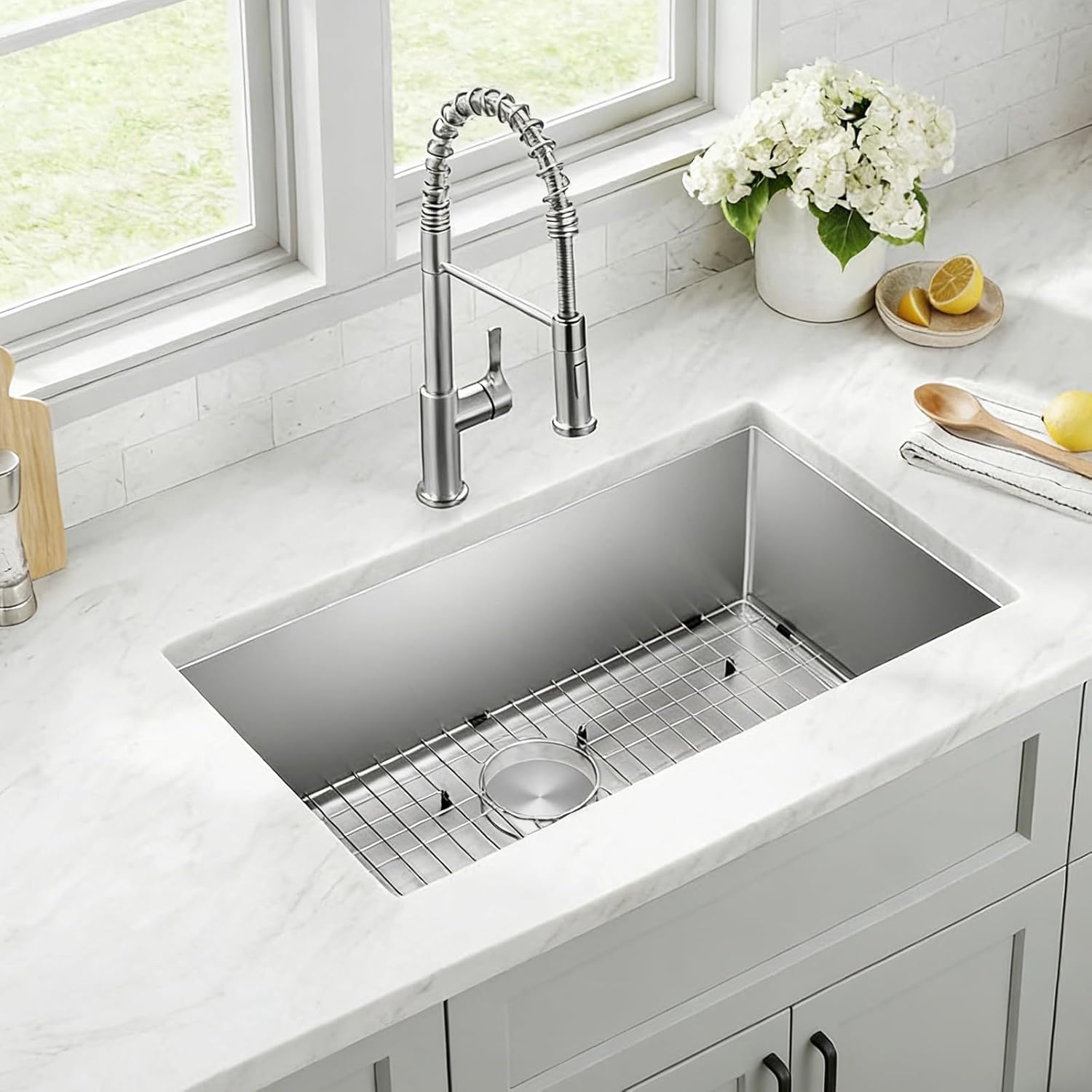 30 Inch Undermount Kitchen Sink with Quiet Drain, Bottom Grid - 11 Gauge Stainless Steel Single Bowl