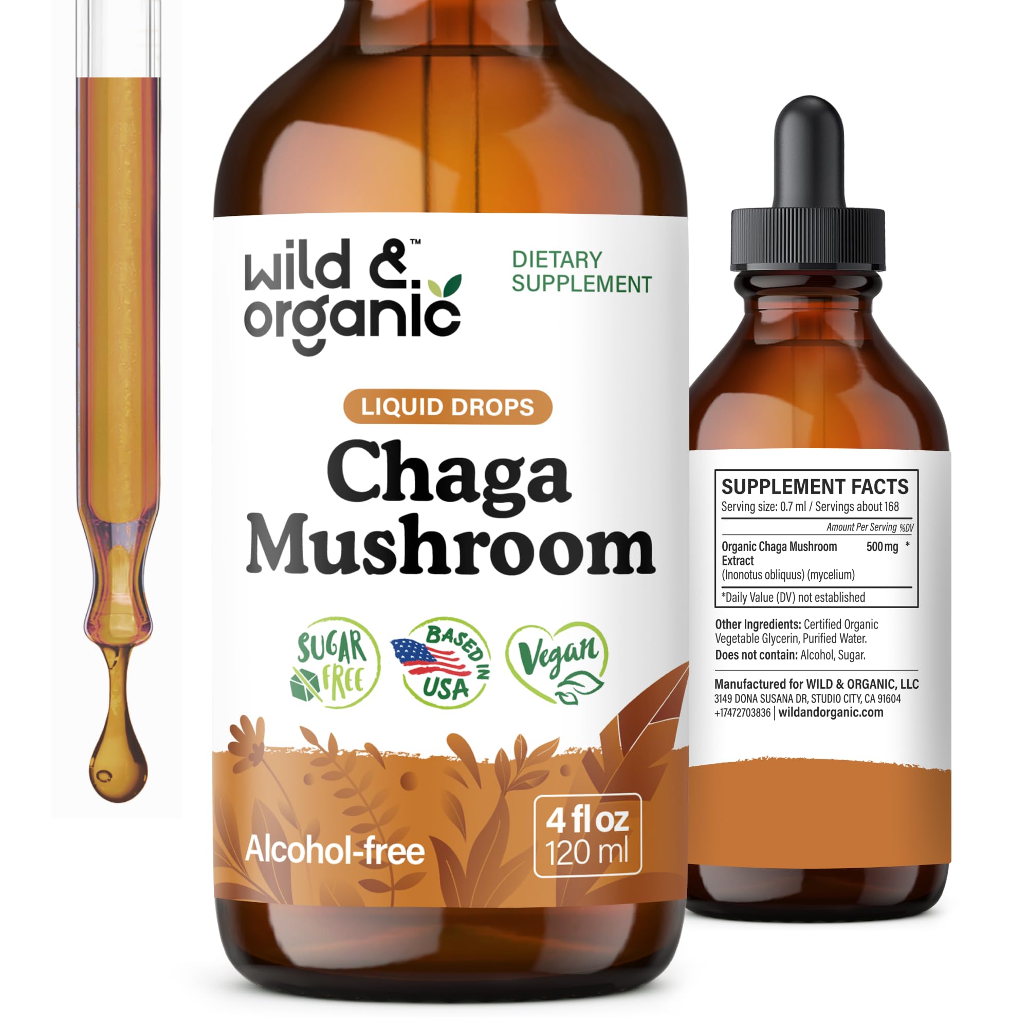 Wild & OrganicChaga Mushroom Drops - Immune Support with Chaga Extract - Liquid Mushroom Supplement for Immunity - Vegan, Sugar & Alcohol-Free Tincture - 4 fl oz