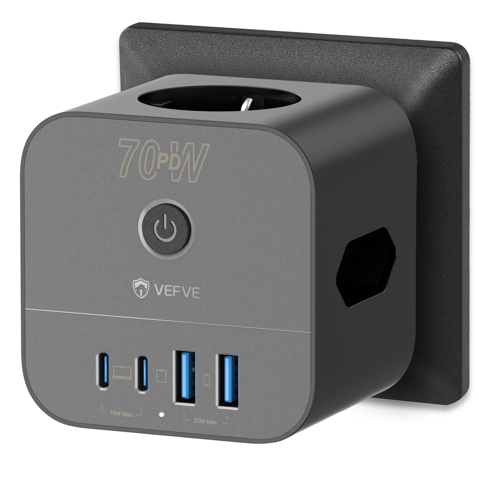 VEFVE Chargeur Rapide USB C 70W GaN III, Multiprise Cube 7 en 1 avec Interrupteur, Bloc Multiprise sans Fil (1 Prise Schuko, 2 Prises Euro, 4 USB) pour PC Portable, Téléphone, MacBook - Noir