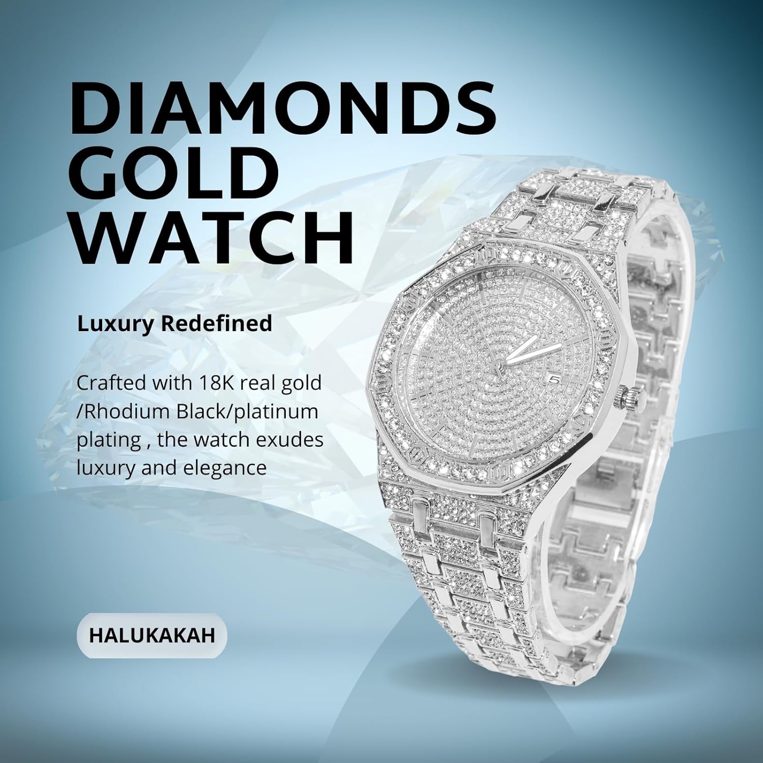 Halukakah Diamonds Gold Watch Iced Out for Boy Teens Kids - 18K Real Gold/Platinum Plated,40mm Roman Numerals Octagonal Dial,Japanese Quartz - 8" Length,with Watch Adjuster Tool -for Birthday,Parties