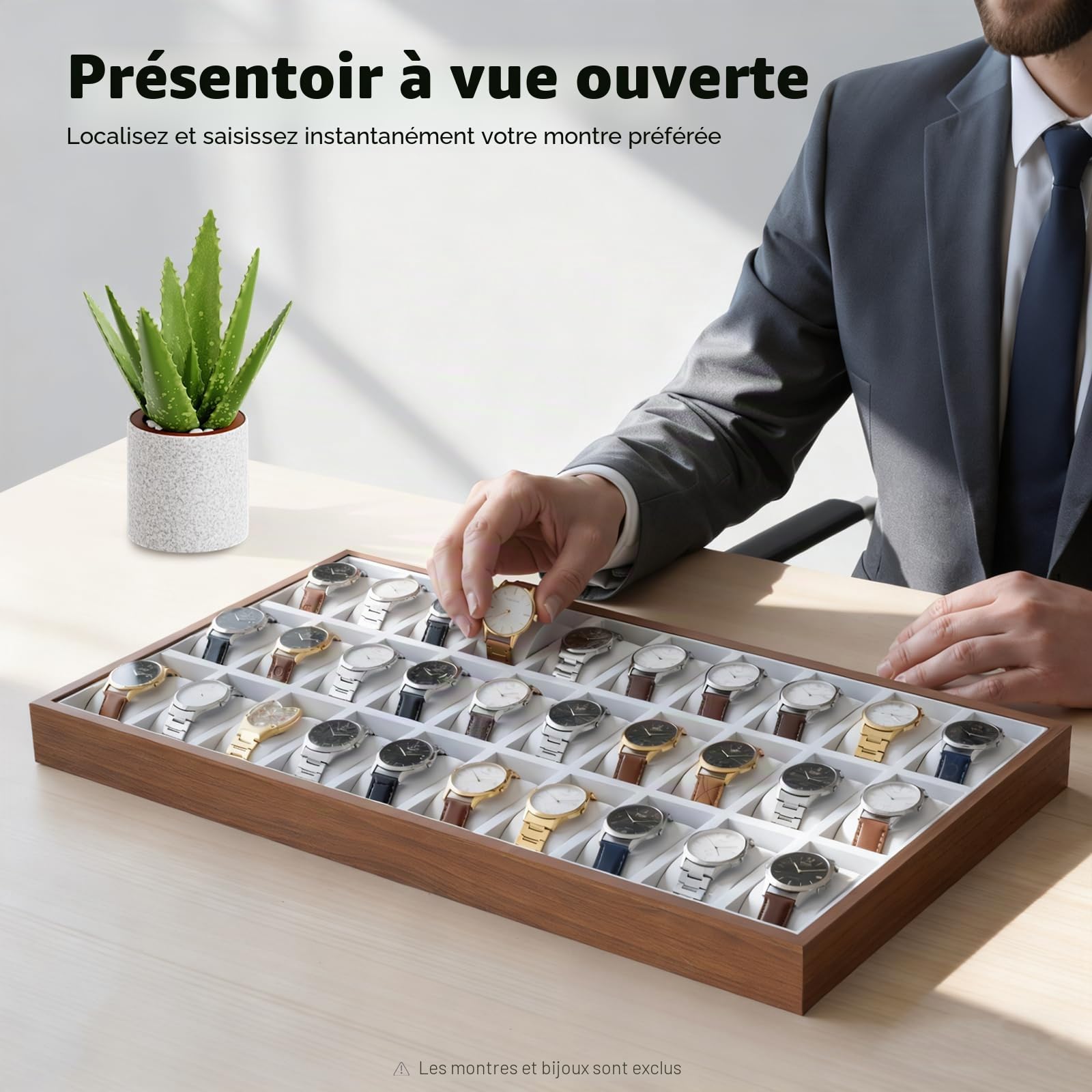 Boîte de rangement en bois pour montres, bijoux, vitrine, bracelet, plateau de rangement, boîte de rangement, boîte de rangement pour montres (30 emplacements)