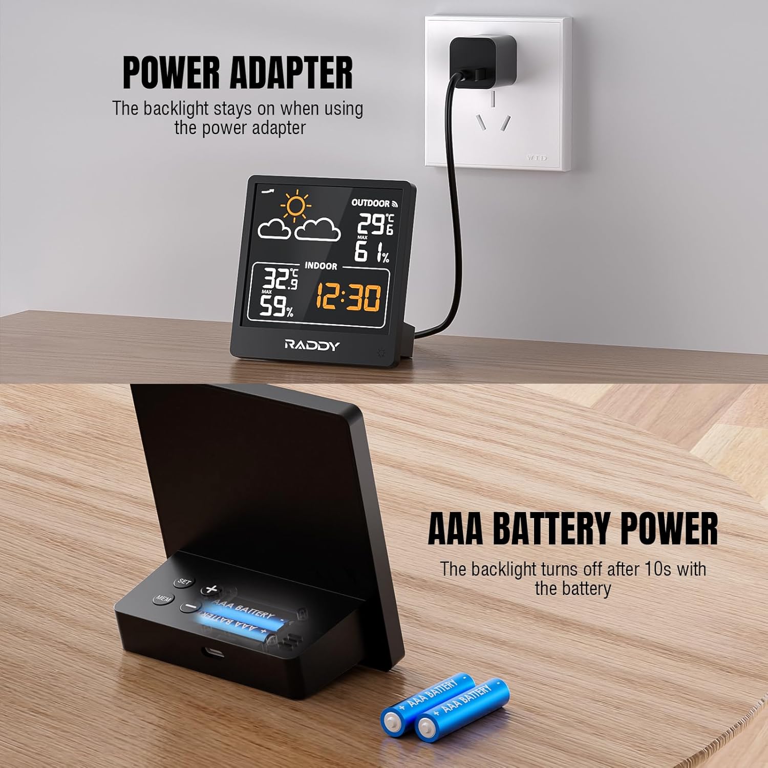 Raddy WF-50V showing power options: USB-C adapter and AAA battery compartment