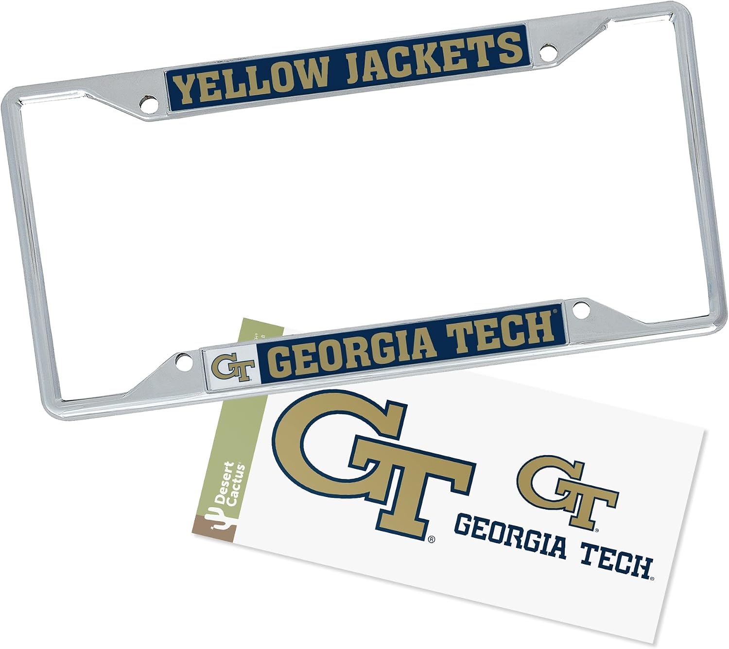 Desert Cactus Georgia Tech Car Accessories Metal License Plate Frame and Sticker for Front or Rear of Car (Sticker Frame Combo - Mascot)