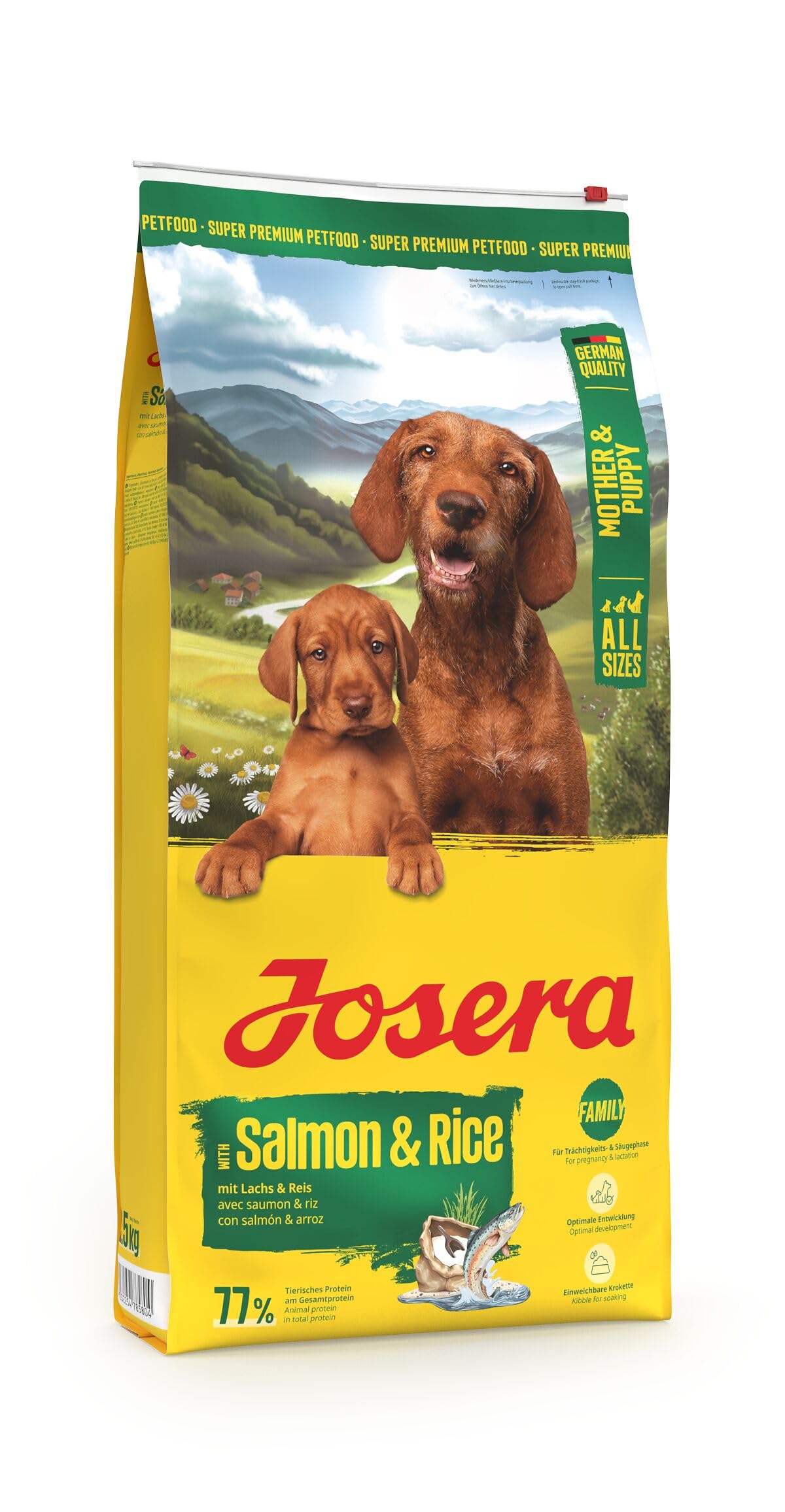 JOSERA Mother & Puppy Salmone e riso (1 x 12,5 kg), cibo secco di alta qualità per cagne e cuccioli in gravidanza, alimentazione ottimale con enegie e L-carnitina, senza glutine, confezione da 1