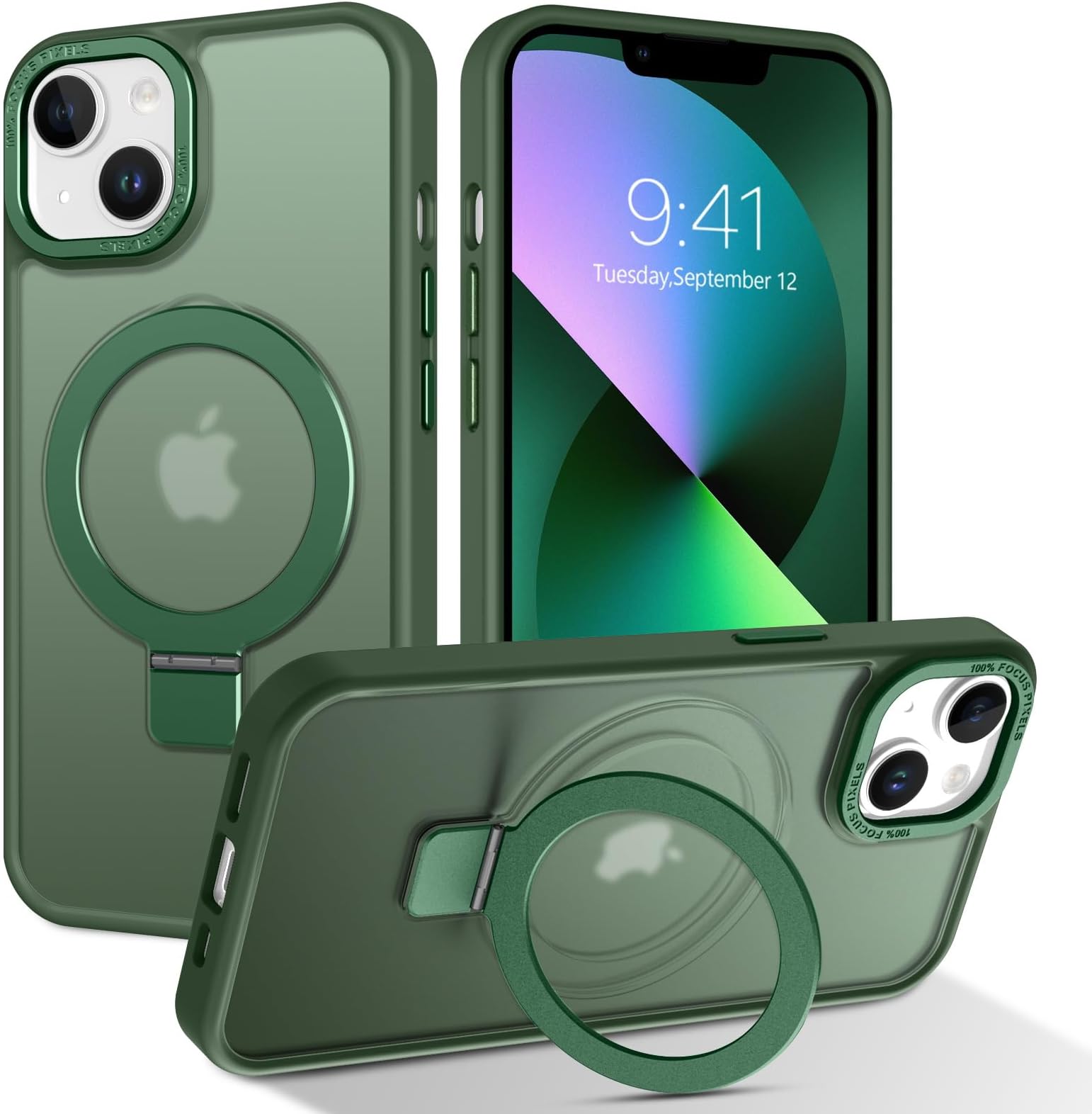 BENTOBEN Magnetic Case for iPhone 13/iPhone 14 with Stand[Compatible with Magsafe],Invisible Ring Stand Translucent Matte Back Military Grade Protection Shockproof Cover for iPhone 13/14, Green
