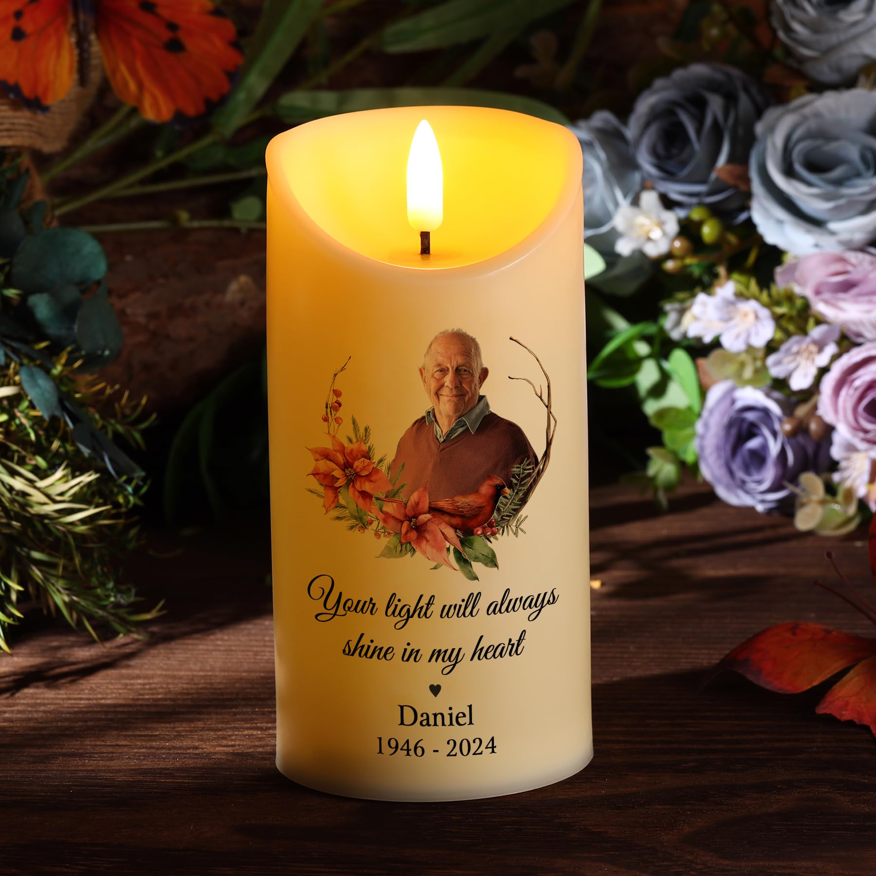 ALBERTBAND Personalised Memorial LED Candle with Photo, Custom Remembrance Candle with Name and Date Gift Memory Candle for Loss of Loved One (B)