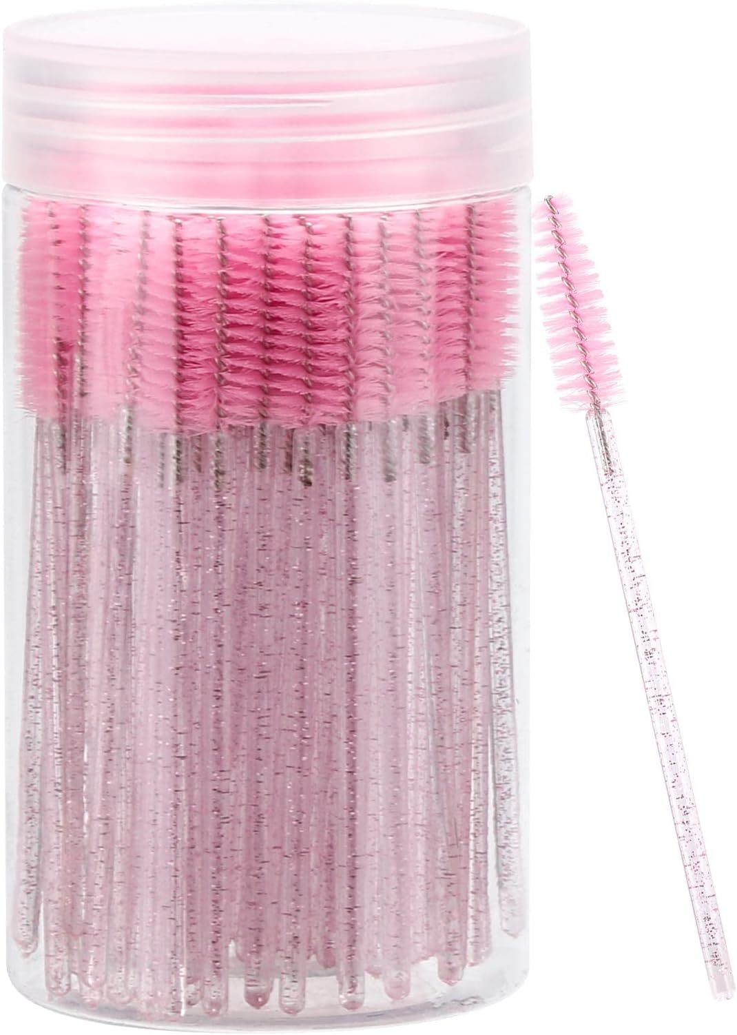 100 Pcs Disposable Mascara Wands, Crystal Eyebrow Spoolies Brush for Eyelash Extensions, Pink Lash Brushes with Container