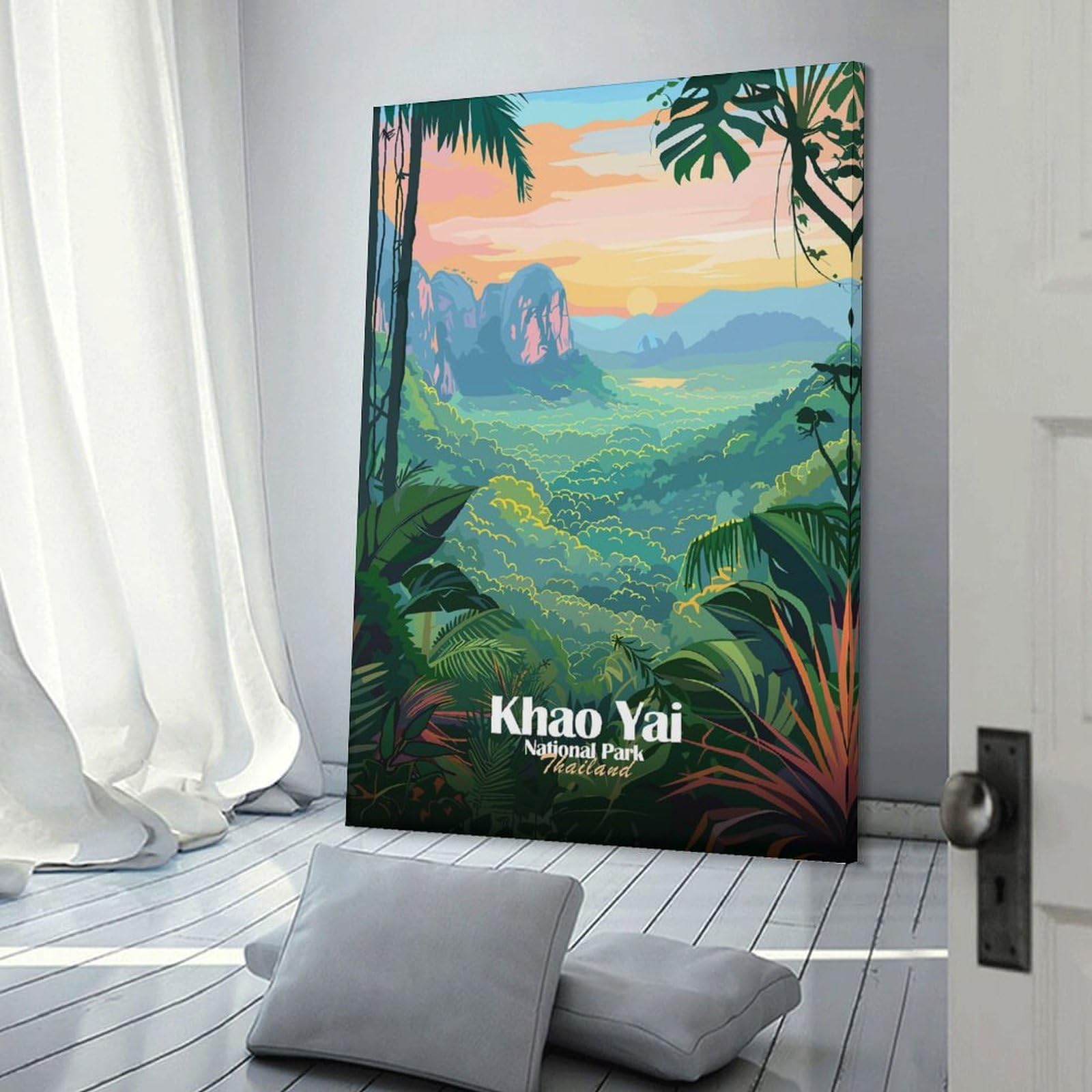 Junmoney Frame-Style-18-1 Khao Yai National Park Thailand Illustration Canvas Wall Picture, 08X12inch(20X30cm), For Living Room, Bedroom Or Apartment Walls, Decorative Artwork For Empty Walls