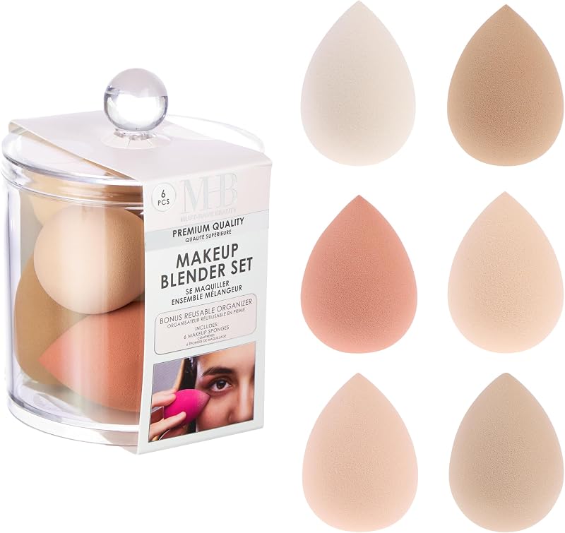 Juego de licuadora de maquillaje Premium Nudes de 6 piezas – Colección de esponjas de belleza profesional | Tarro organizador reutilizable. Aplicadores impecables de base y corrector. Bronceado Natural