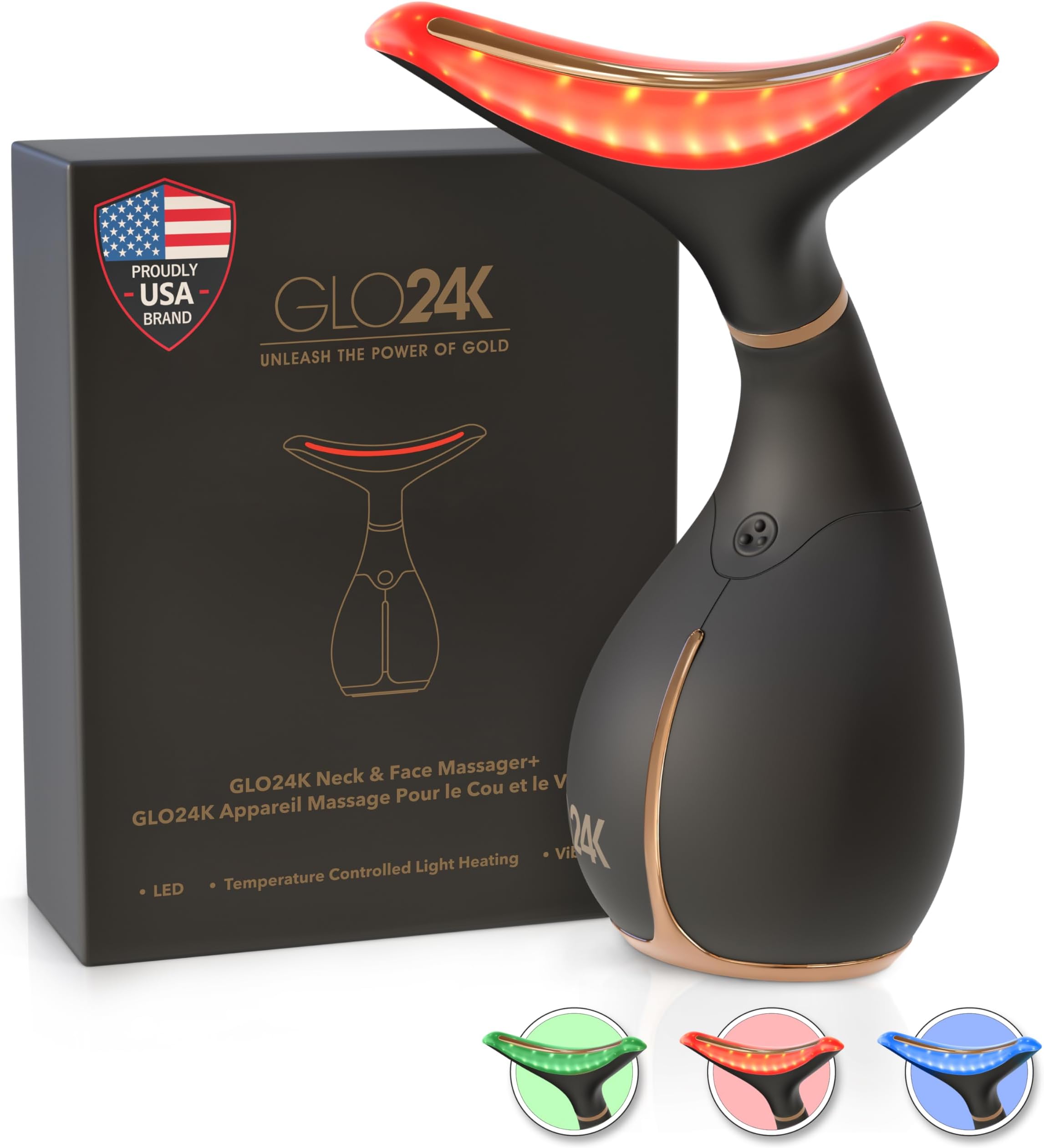 GLO24K UNLEASH THE POWER OF GOLD Red Light Beauty Device for Face and Neck. Based on Triple Action L E D, Thermal, and Vibration Technologies.
