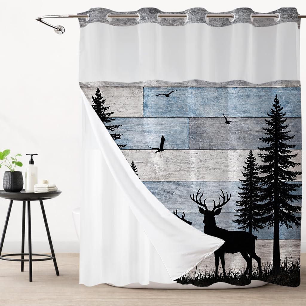 Rustic Cabin Deer Hookless Shower Curtain with Snap in Liner, Wildlife Elk and Bird in Forest Blue Vintage Wood No Hook Shower Curtain and Liner Set for Bathroom Decor, 71W X 74L inches