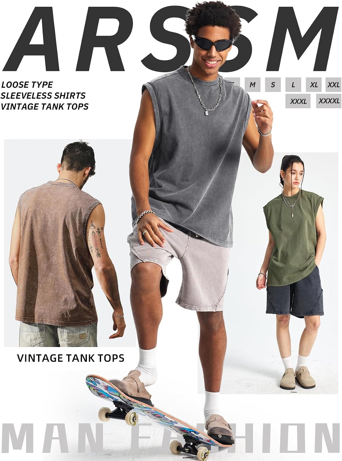 Arssm Sleeveless Shirts for Men Tank Tops Cotton Acid Wash Tees Muscle Workout Running Tank Tops