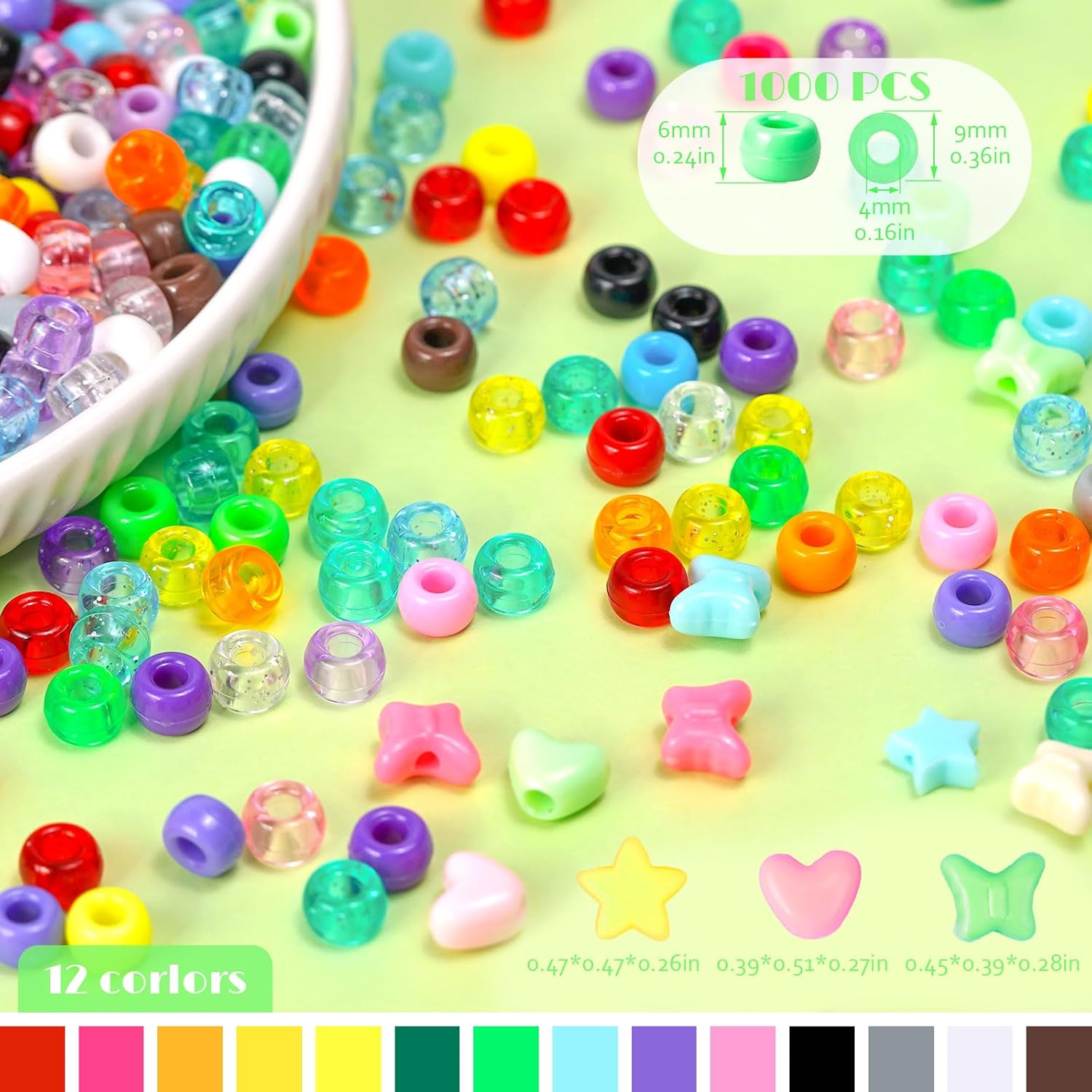 1000+PCS Assorted Pony Beads for Bracelets, 9mm Acrylic Rave Kandi Bead Bulk with Cute Heart Star Butterfly Fun Shaped Beads for Hair Braid Keychain Charms Jewelry Making DIY Crafts - Image 2