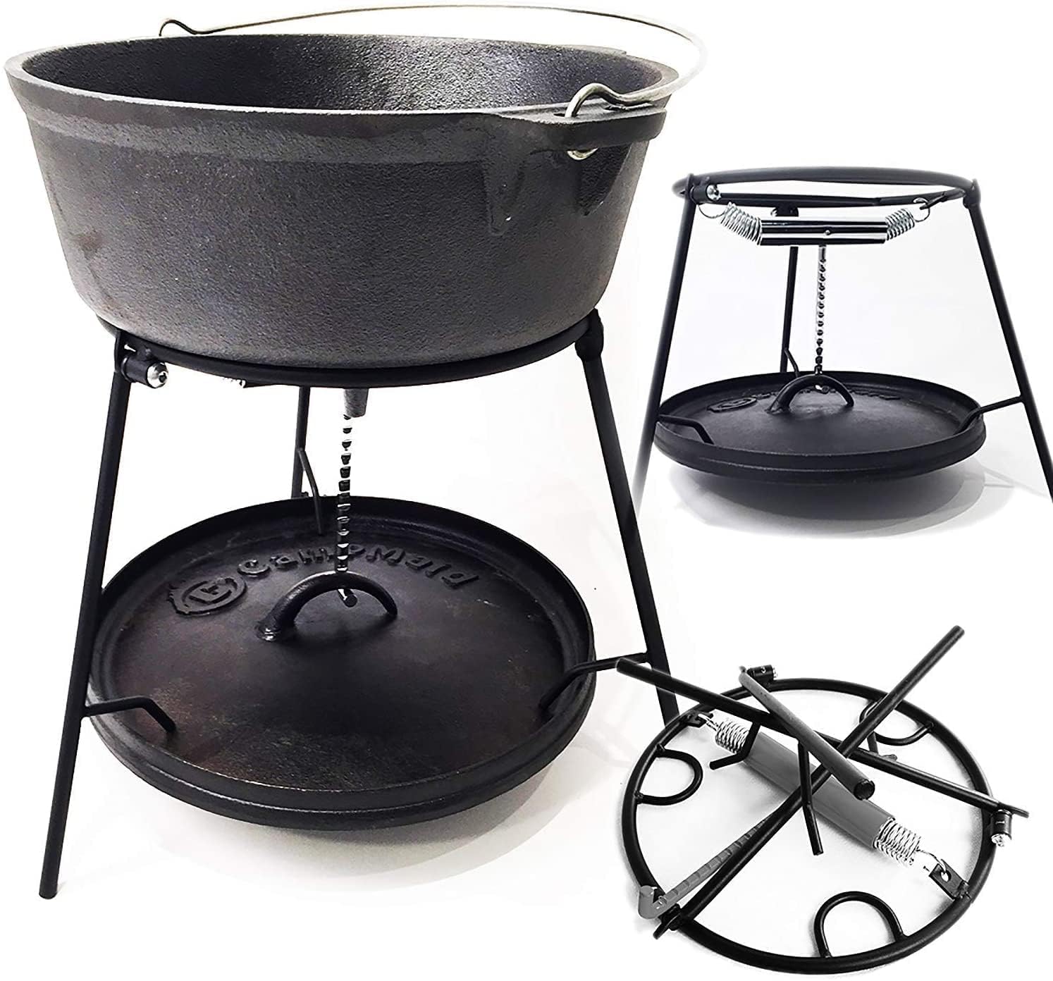 CampMaid Outdoor-Kochset - Dutch Oven und Tools Set - Kohlehalter & Gusseisen Grillzubehör - Camping Grillset - Outdoor Cooking Essentials - Campingküchenausrüstung - (6-teiliges Set)