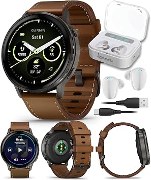 Garmin Venu 4 45mm AMOLED Advanced Health & Fitness GPS Smartwatch, Colorful Display, Flashlight, Up to 12 Days Slate w/Black Silicone & Brown Leather Bands w/Wearable4U White Earbuds Bundle