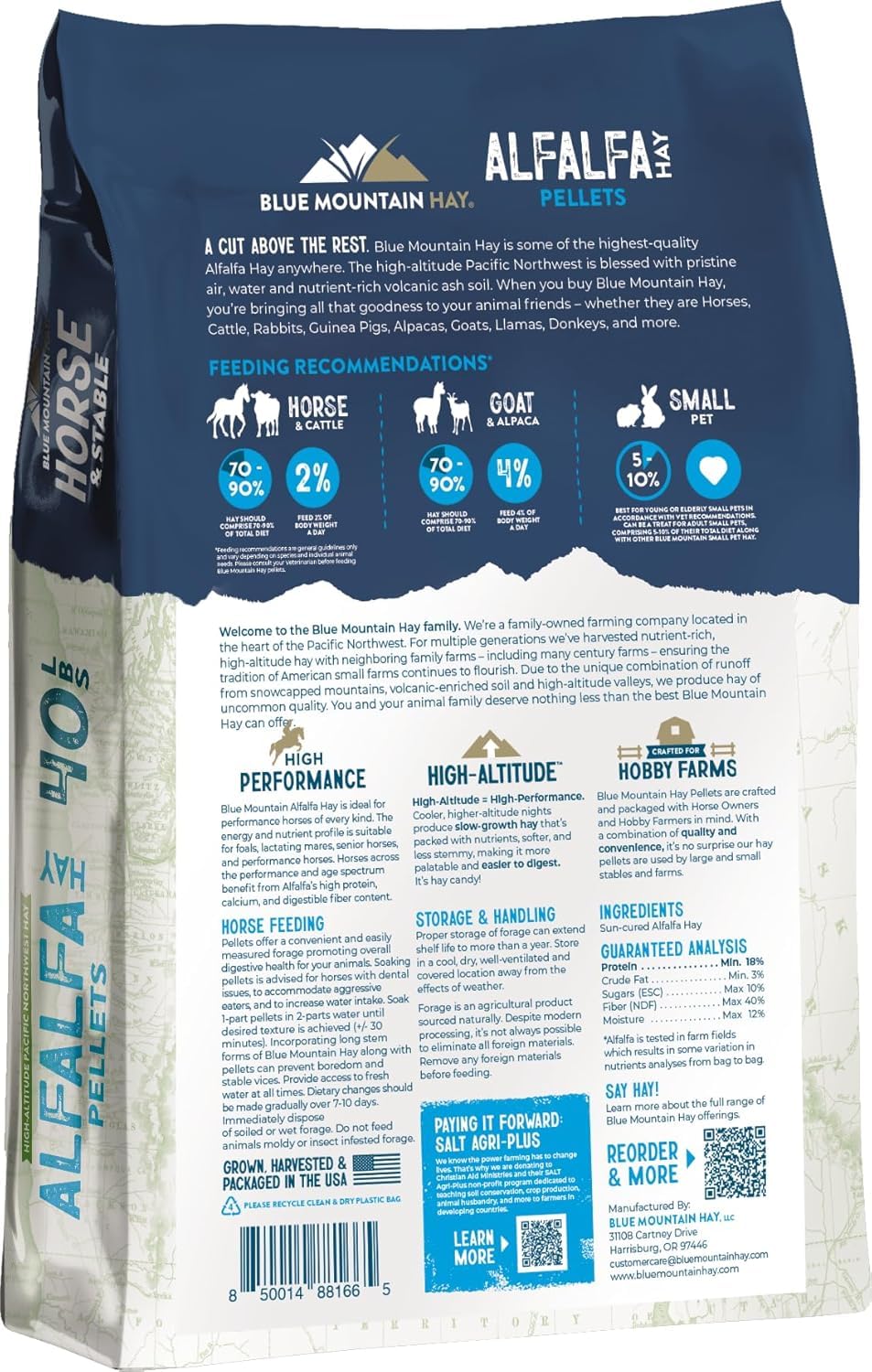 Blue Mountain Hay Alfalfa Heupellets in hoher Höhe (18 kg), Ultra Premium Nährstoffdichtes Futter, klein, schnell einweichen, staubarme Pellets, einfach zu messen, automatische Futterautomatik