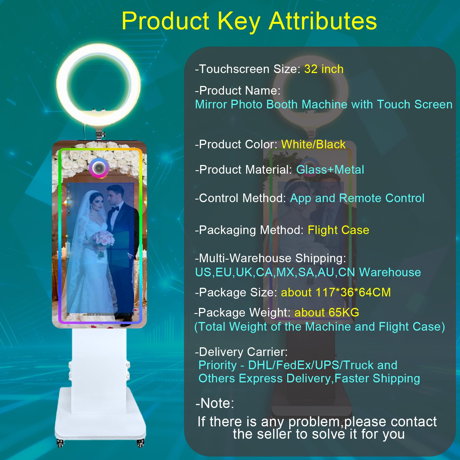 Magic Mirror Photo Booth z ekranem dotykowym 81.3 cm, fotobudka do selfie z futerałem lotniczym, fotobudka RGB na imprezę, wydarzenie, wynajem weselny (czarna, fotobudka)
