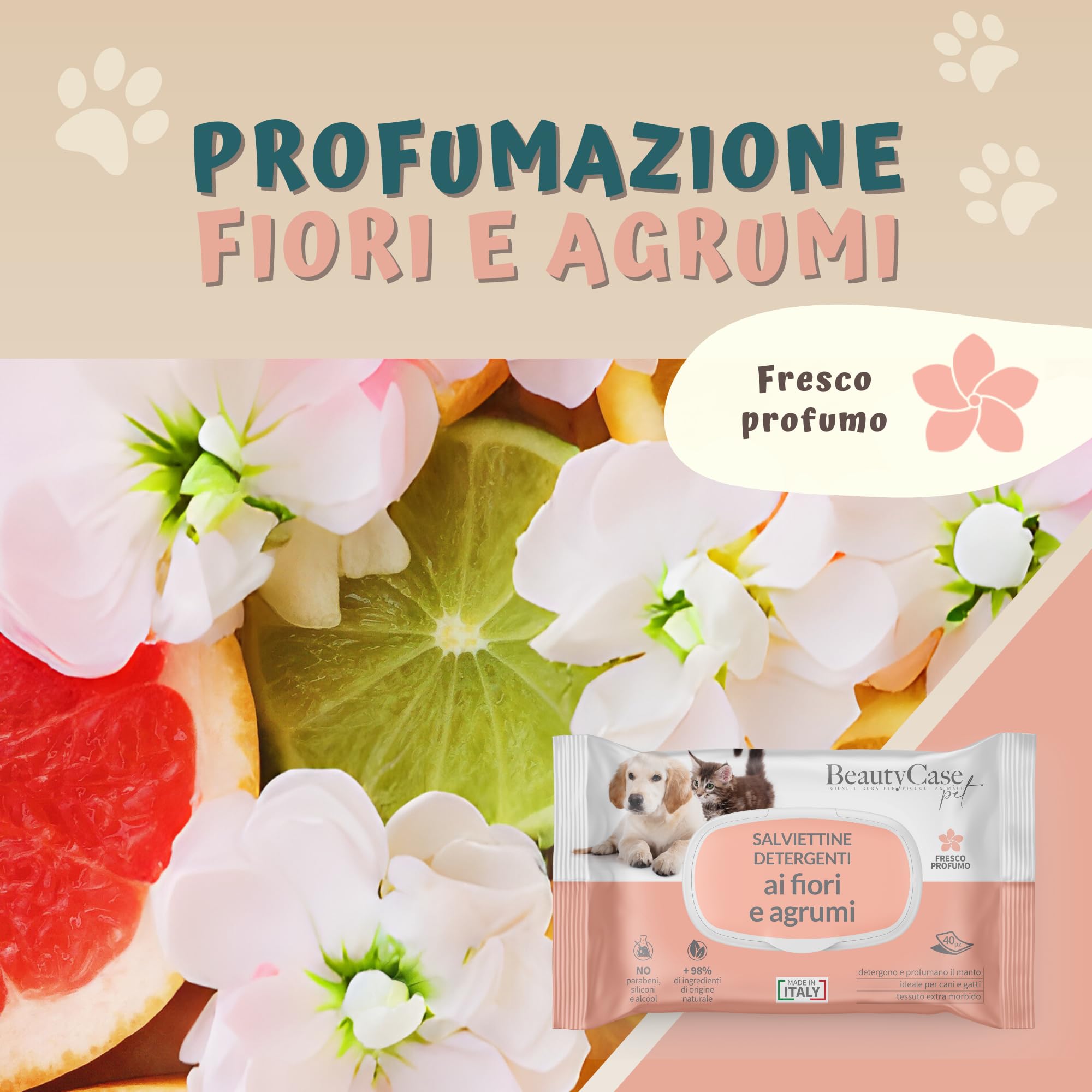 Beauty Case Pet Salviette Detergenti Cani e Gatti XL 20x30cm - 240x Salviette Umidificate Cane - 6x40 Salviette Cani - Testate, Extra morbide, Antiodore - Fiori e Agrumi